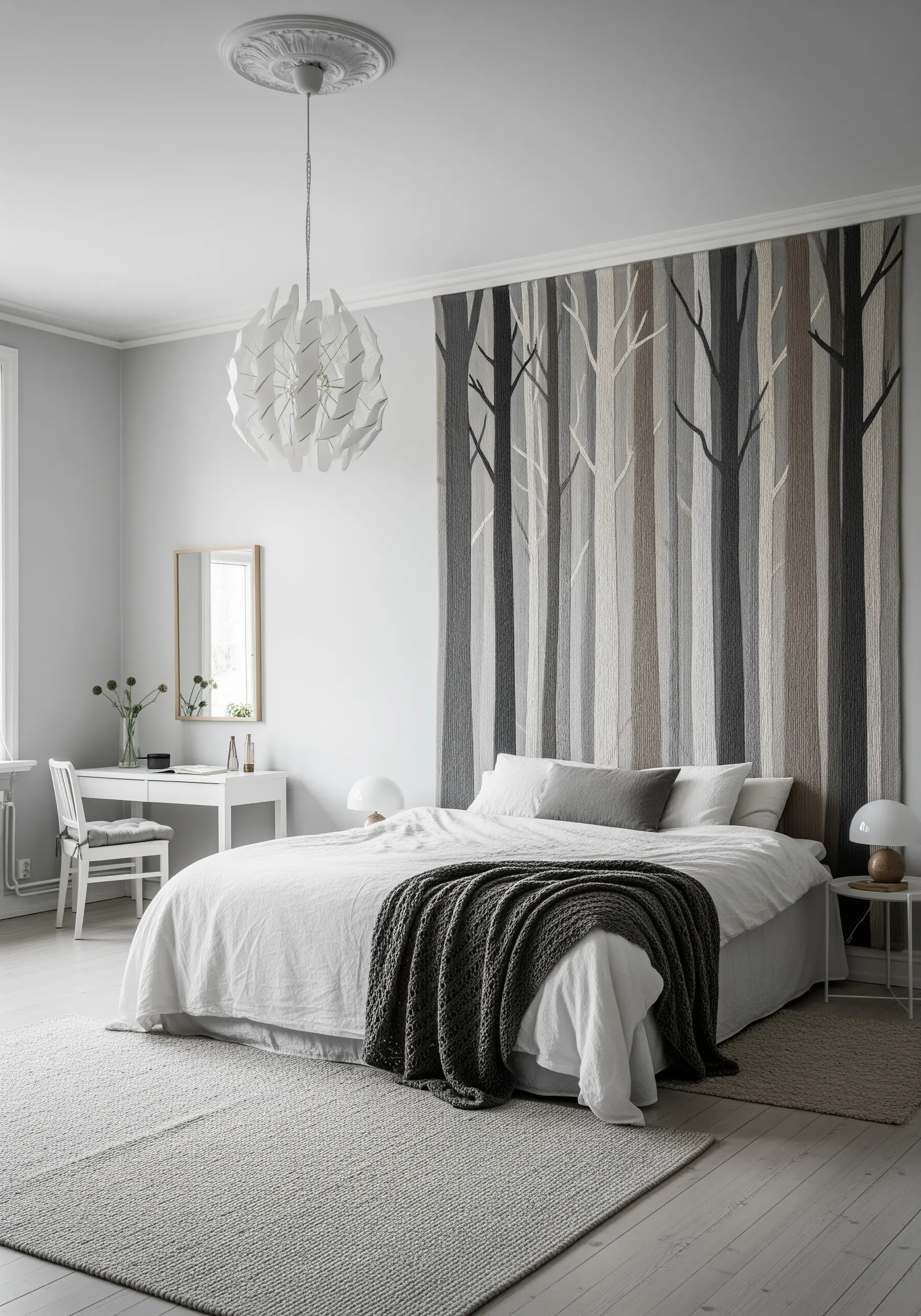 A large wall tapestry depicting a forest of bare trees in muted vertical stripes of color.