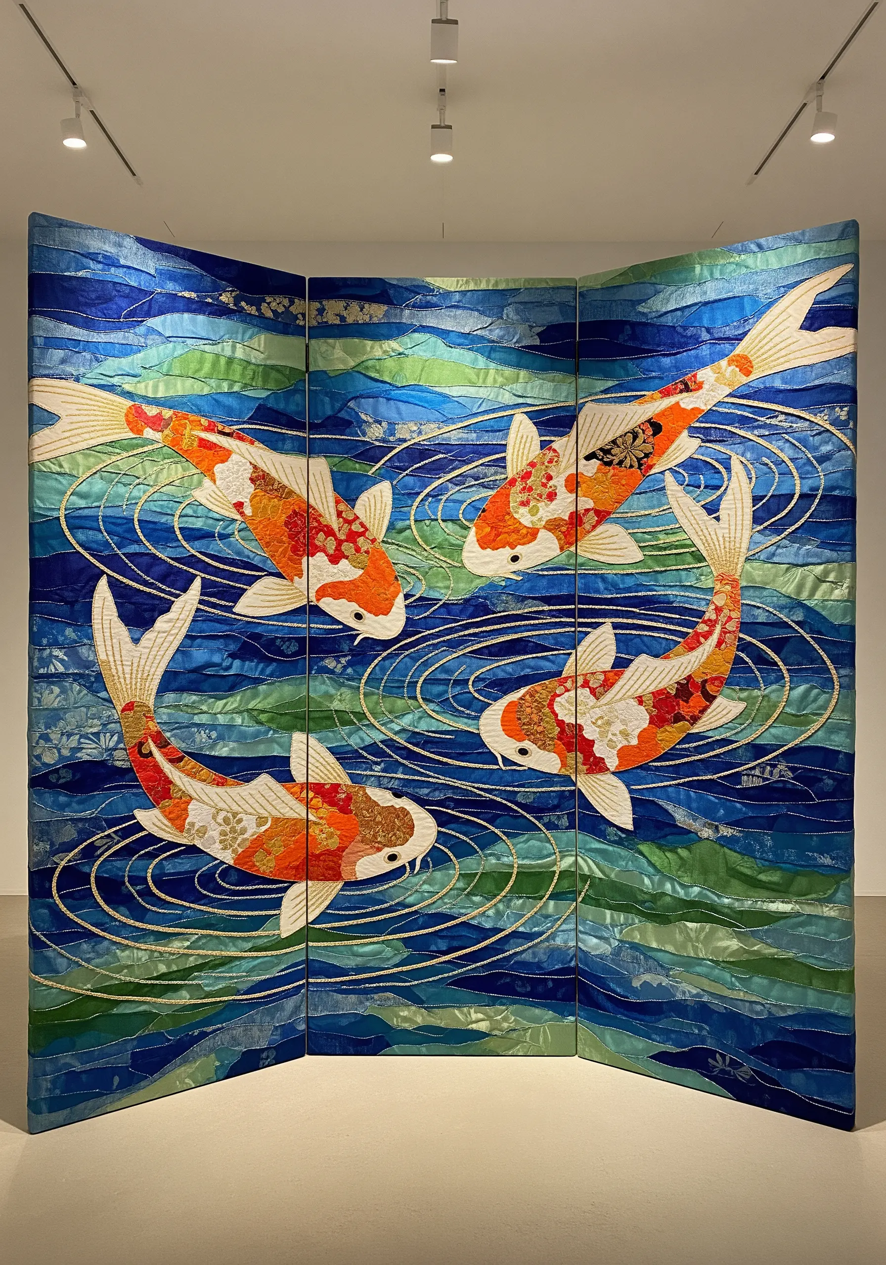 A multi-panel screen depicting a koi pond, made with layered blue fabrics and patterned koi appliqués