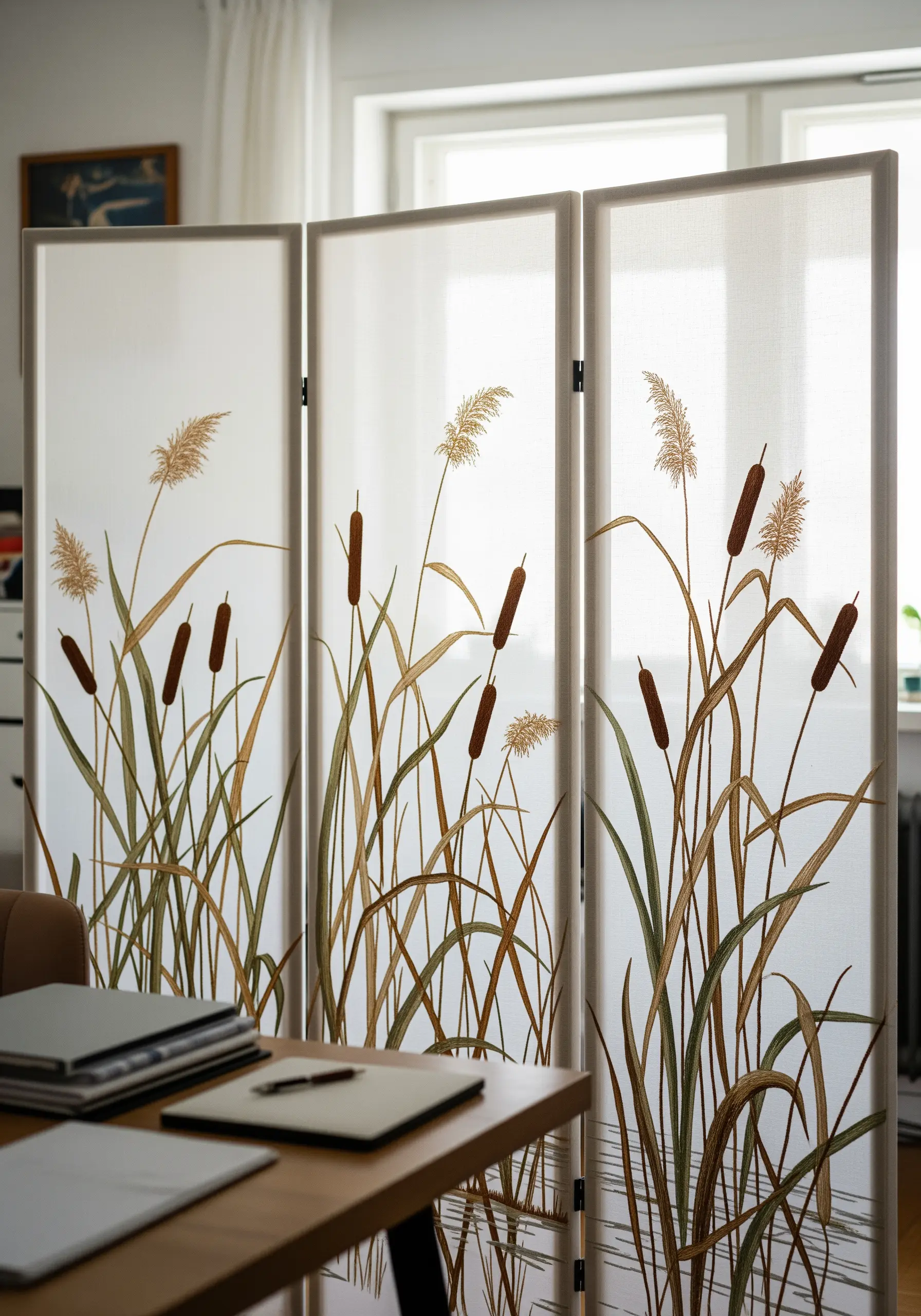 A three-panel room divider with semi-sheer fabric embroidered with tall reeds and cattails.