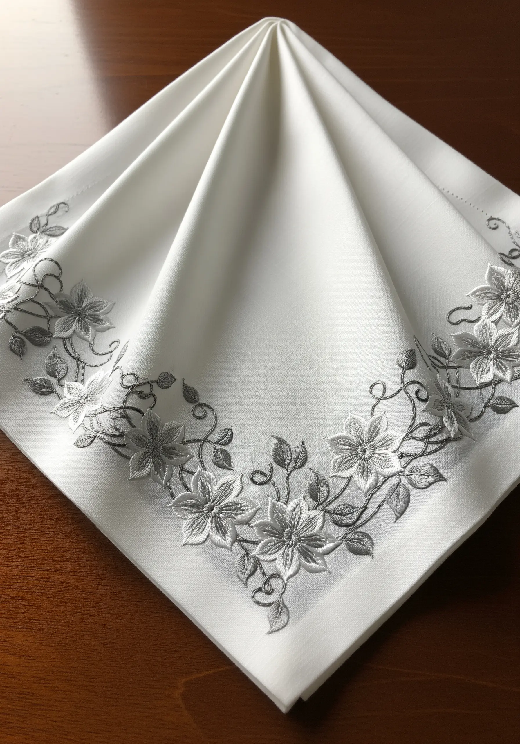 An elegant, monochromatic embroidery of clematis flowers and vines in shades of grey on white linen.
