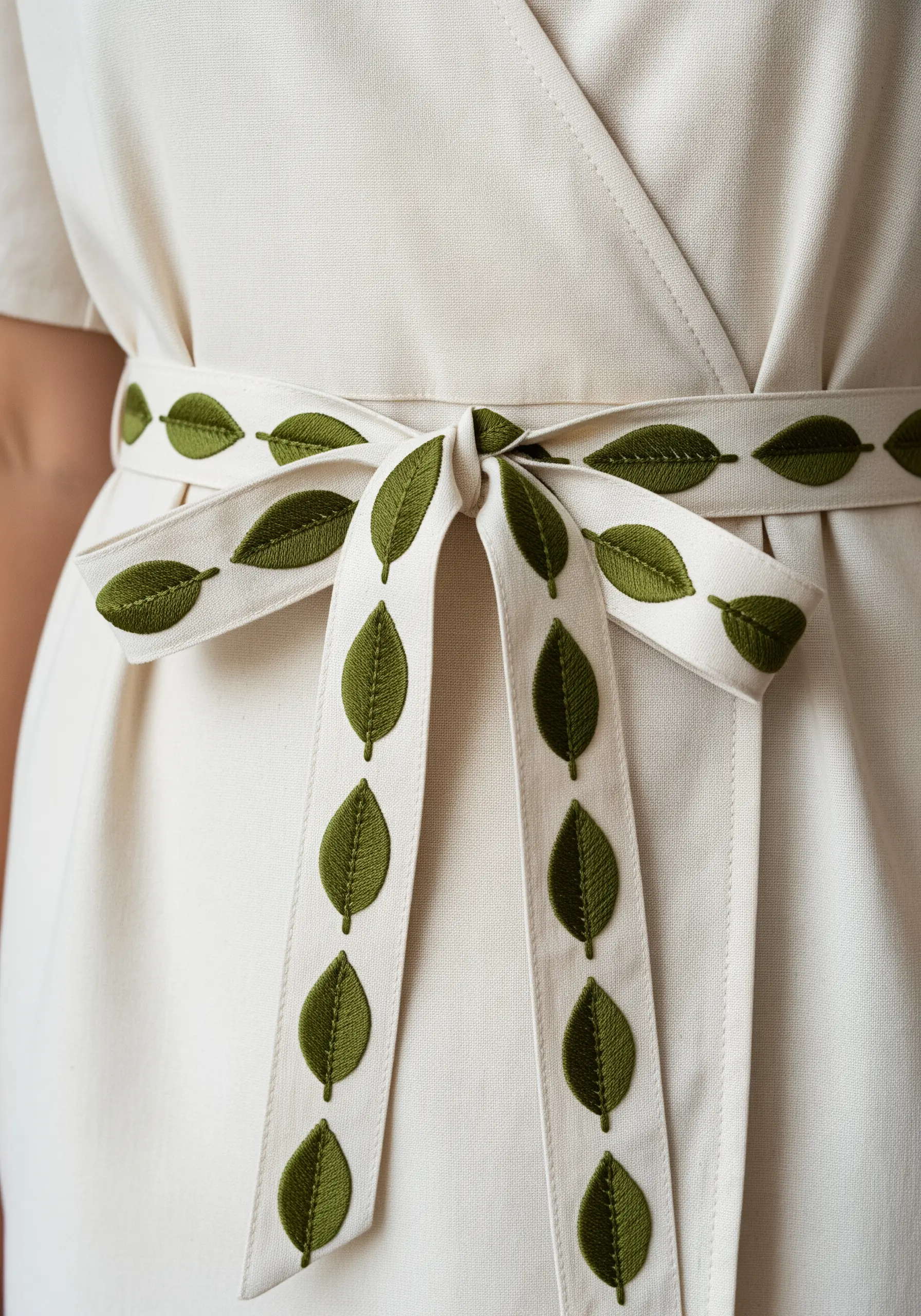 A white fabric belt tie decorated with a repeating pattern of green embroidered leaves.