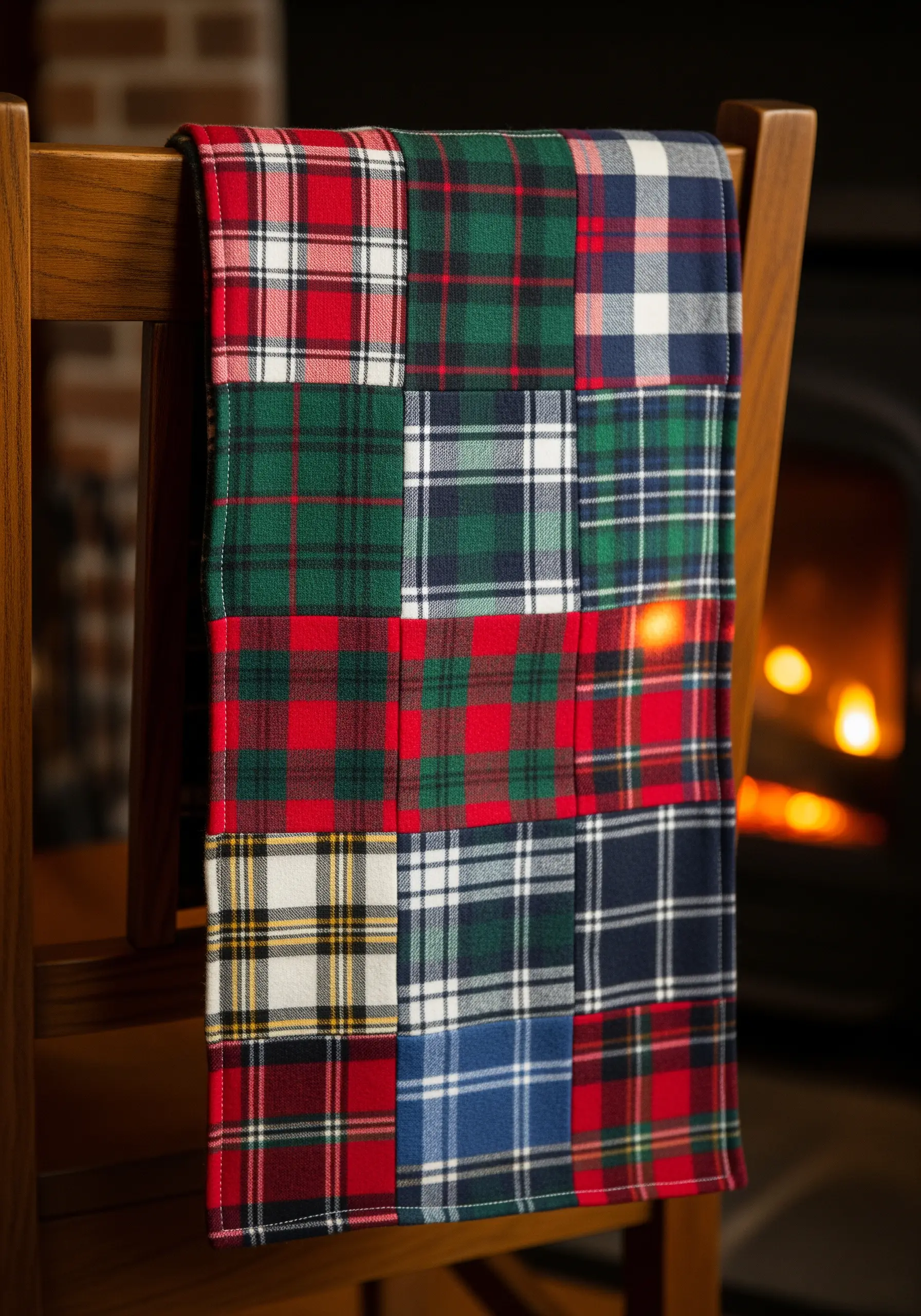 A patchwork table runner made from various plaid fabrics hanging over a wooden chair.