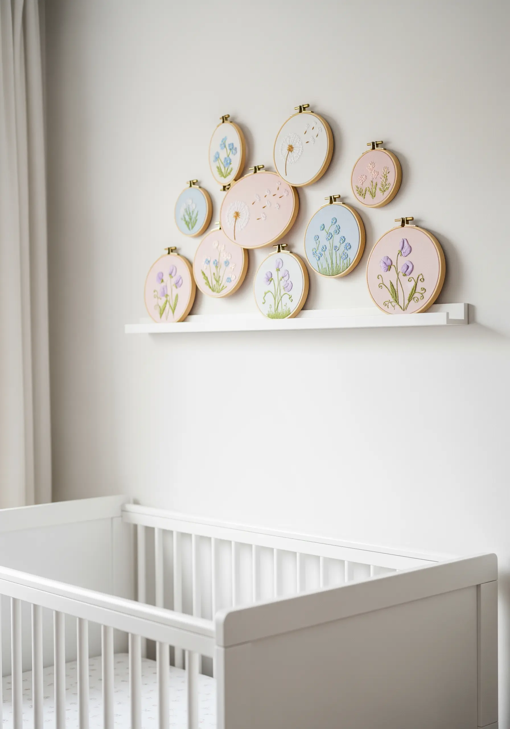 A collection of small pastel floral embroidery hoops displayed on a shelf above a crib.