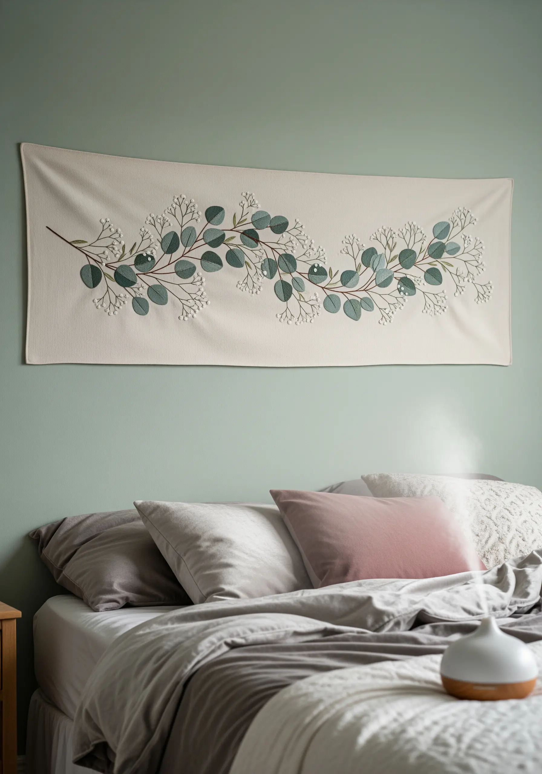 A horizontal fabric banner with an embroidered eucalyptus and baby's breath branch.