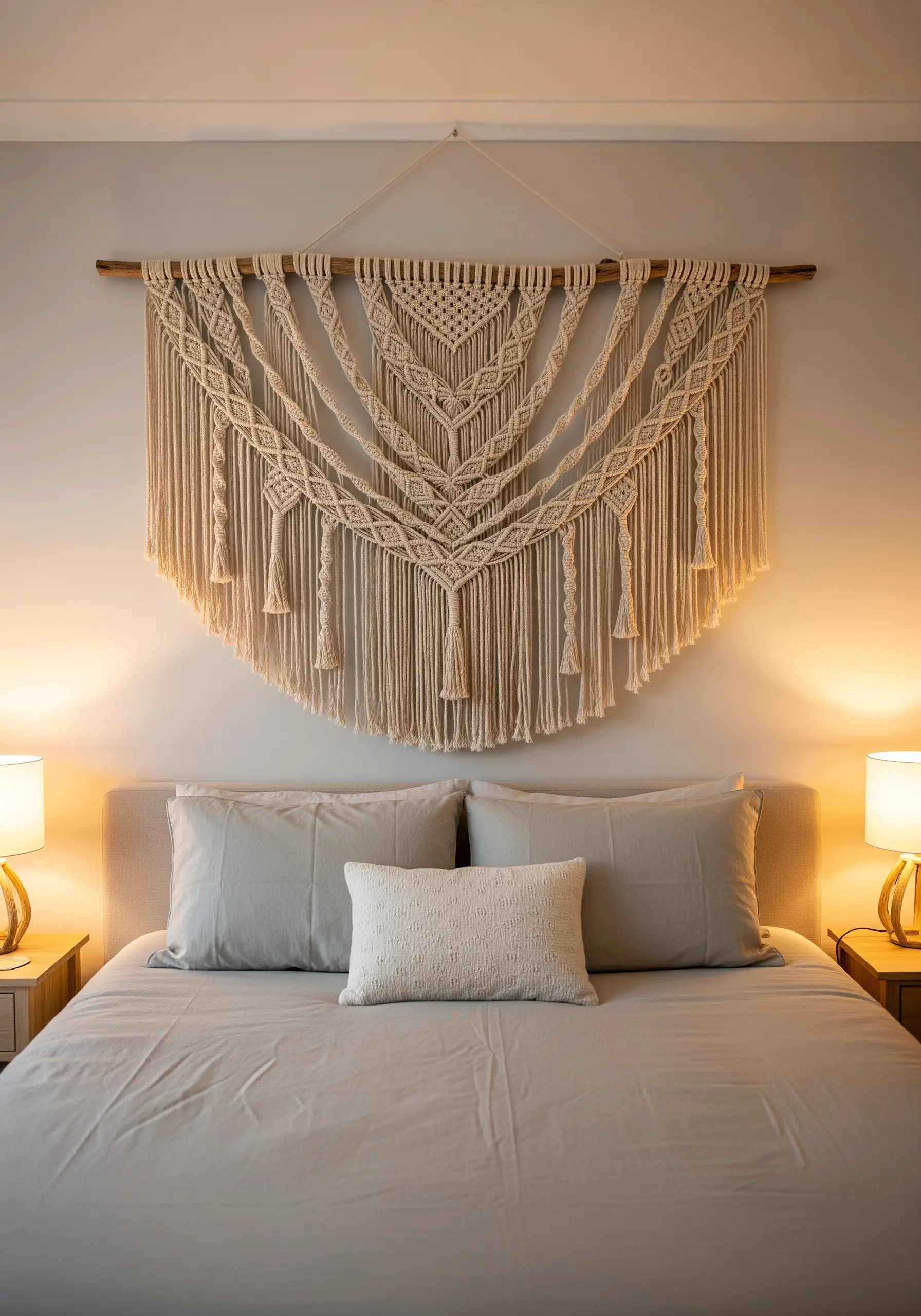 A large, intricate macrame wall hanging with various knots, positioned above a bed as a headboard.