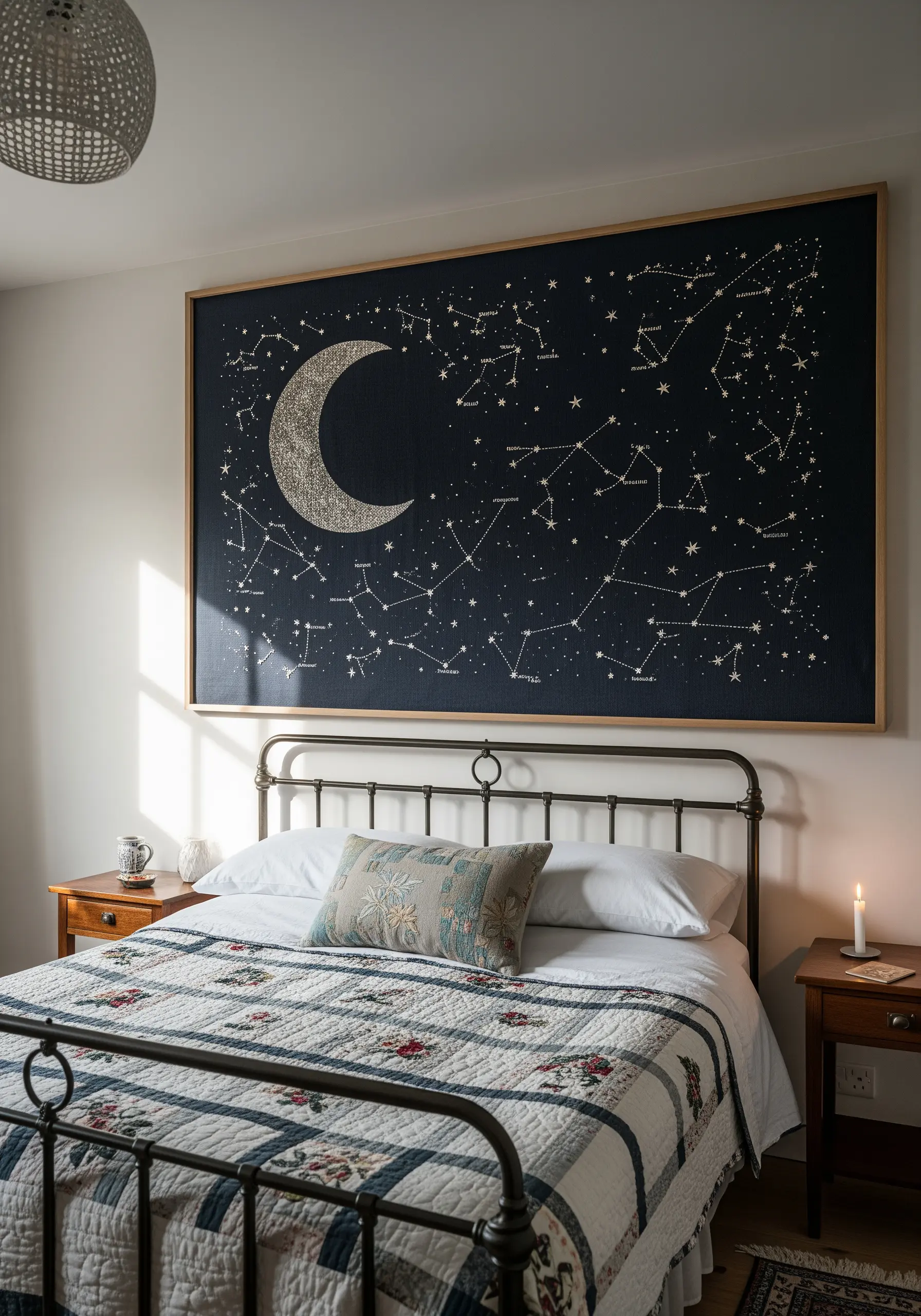 Large framed embroidery of a celestial map hanging over a bed