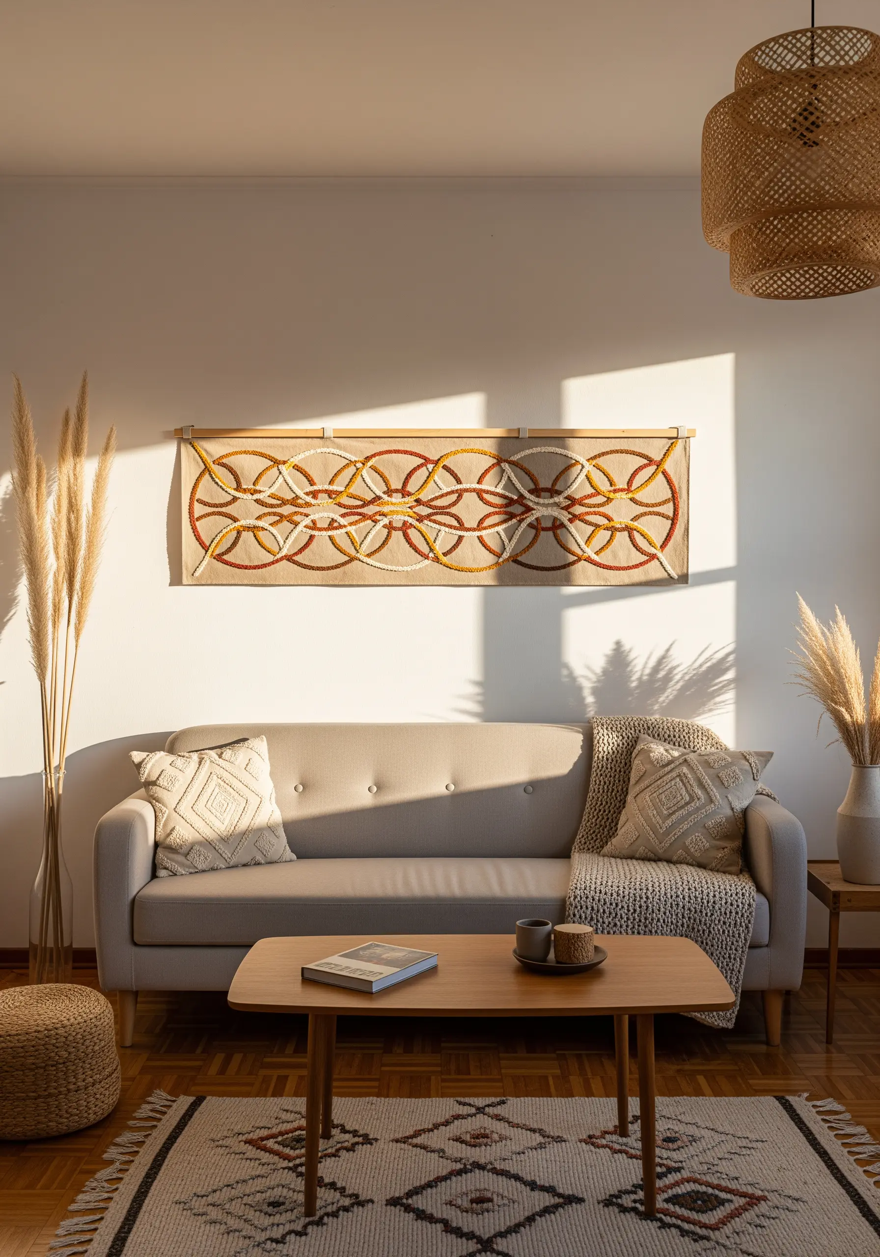 A large, embroidered wall tapestry with geometric patterns hanging above a sofa