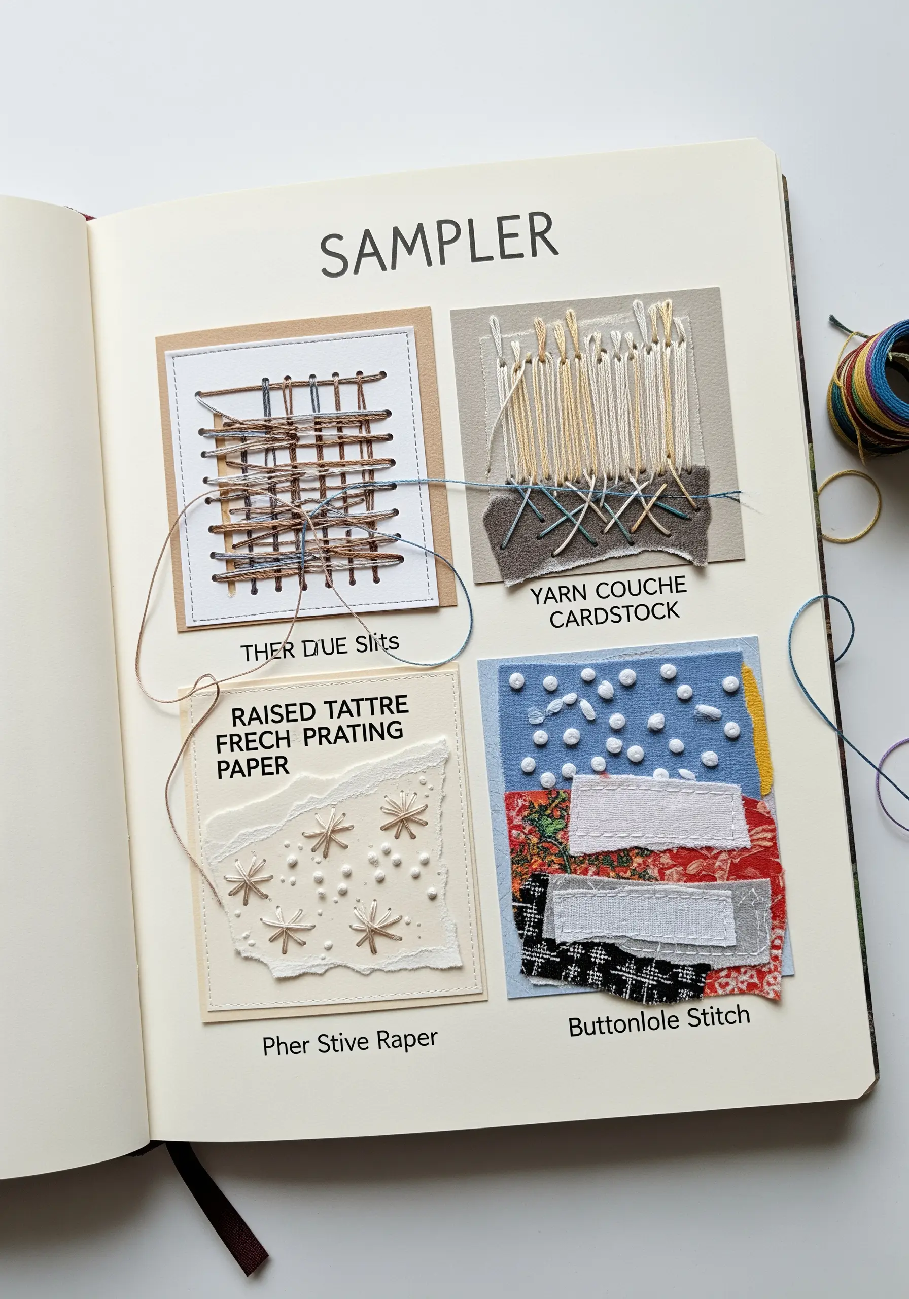 A stitch sampler journal with small swatches of embroidery on paper, cardstock, and fabric.