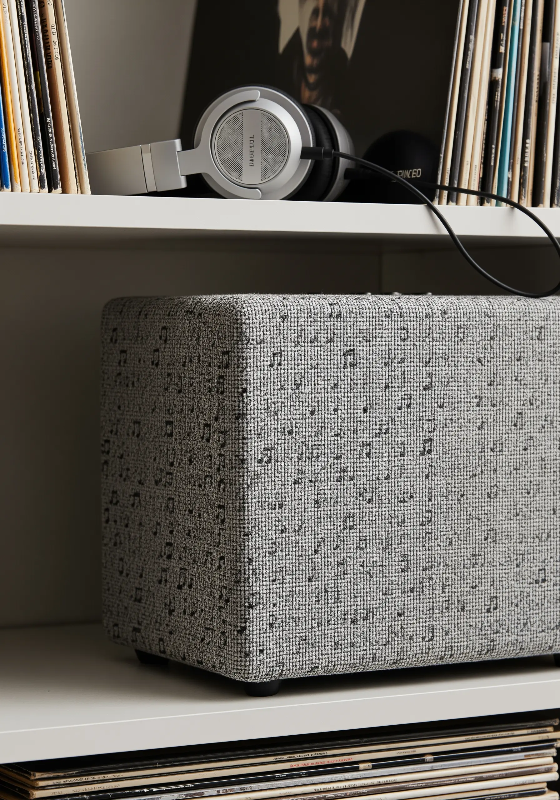 A fabric-covered object with a repeating, all-over pattern of tiny embroidered musical notes.