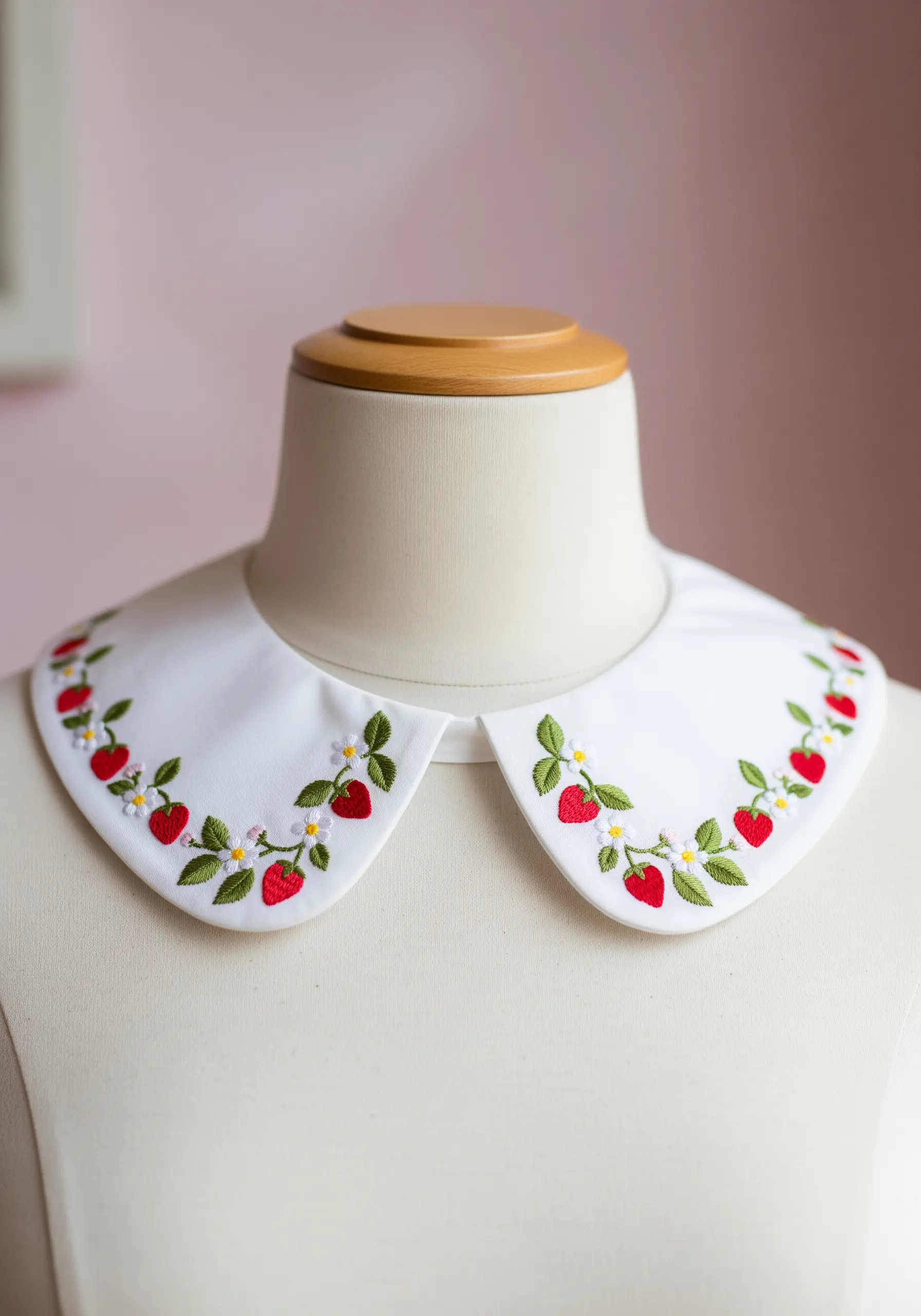 A white detachable Peter Pan collar adorned with a delicate border of embroidered strawberries and flowers.