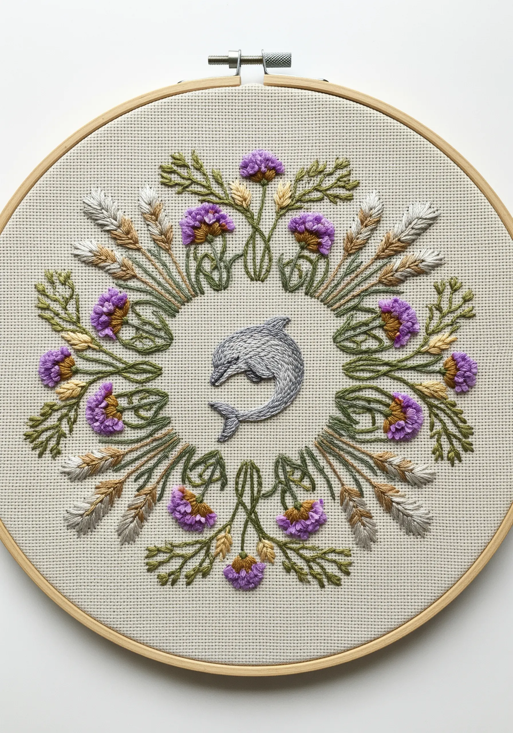 A thread-painted dolphin at the center of a symmetrical wreath of embroidered flowers and wheat.