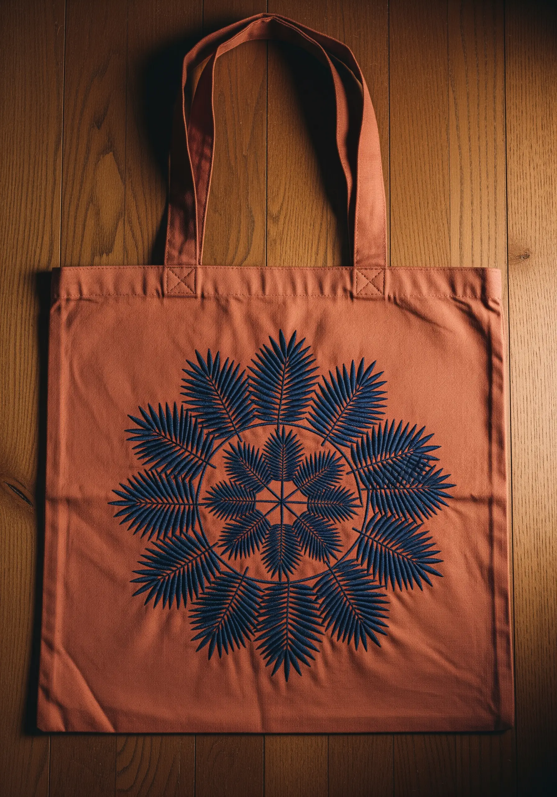 A symmetrical mandala made of dark blue palm fronds embroidered on a terracotta tote bag.