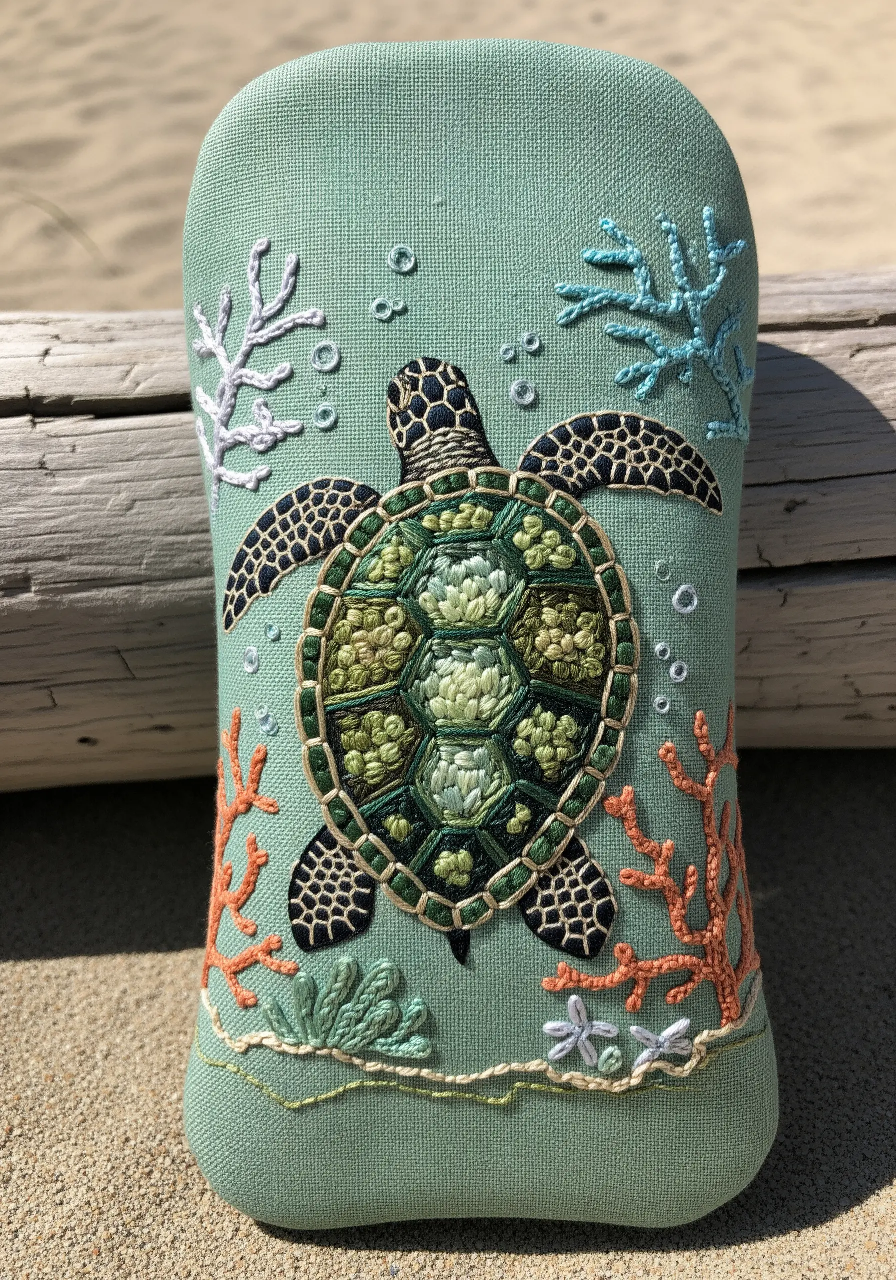 A detailed embroidered sea turtle on a glasses case, with varied stitches on its shell.