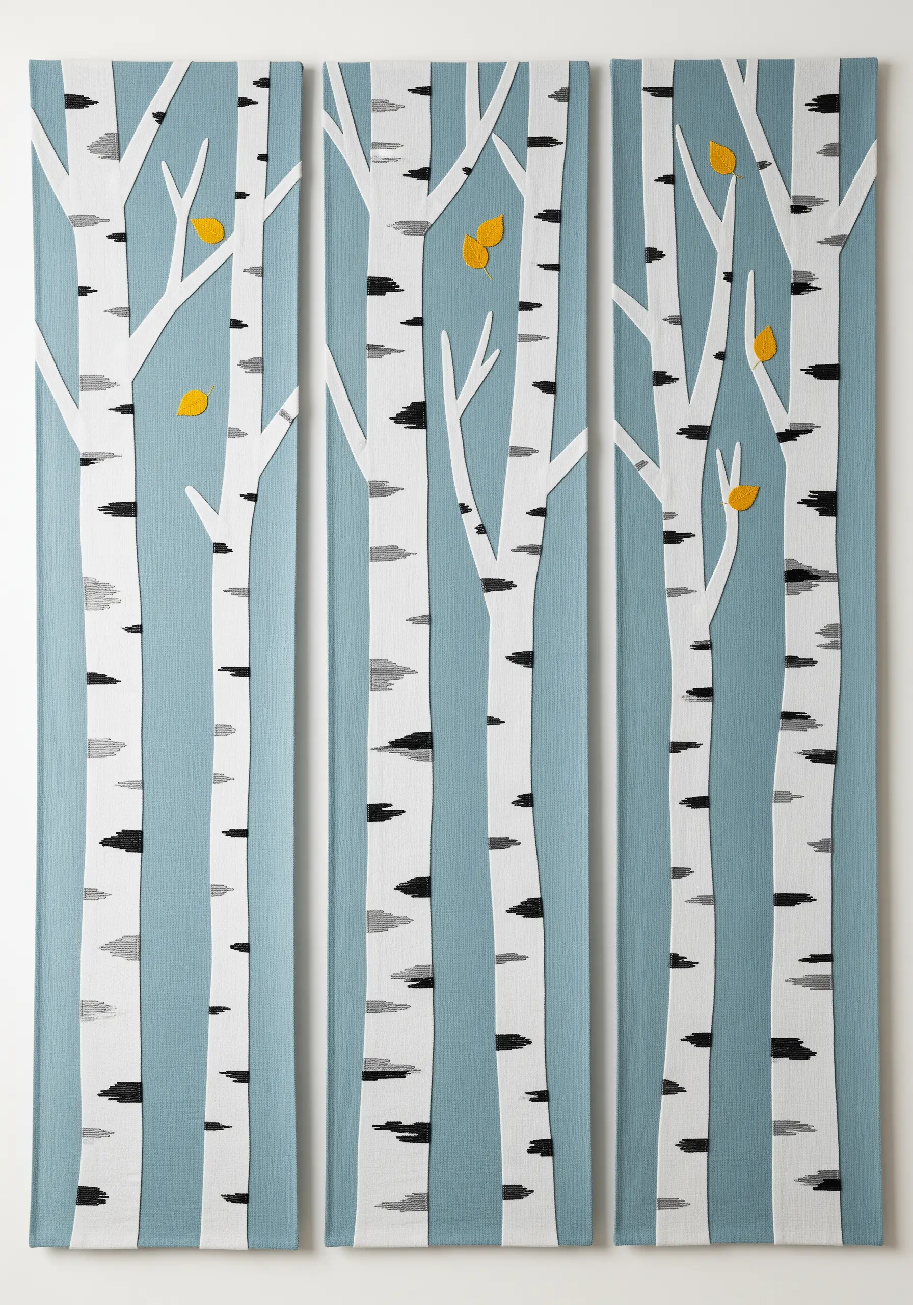 Three-panel wall art (triptych) of white birch trees with embroidered details.