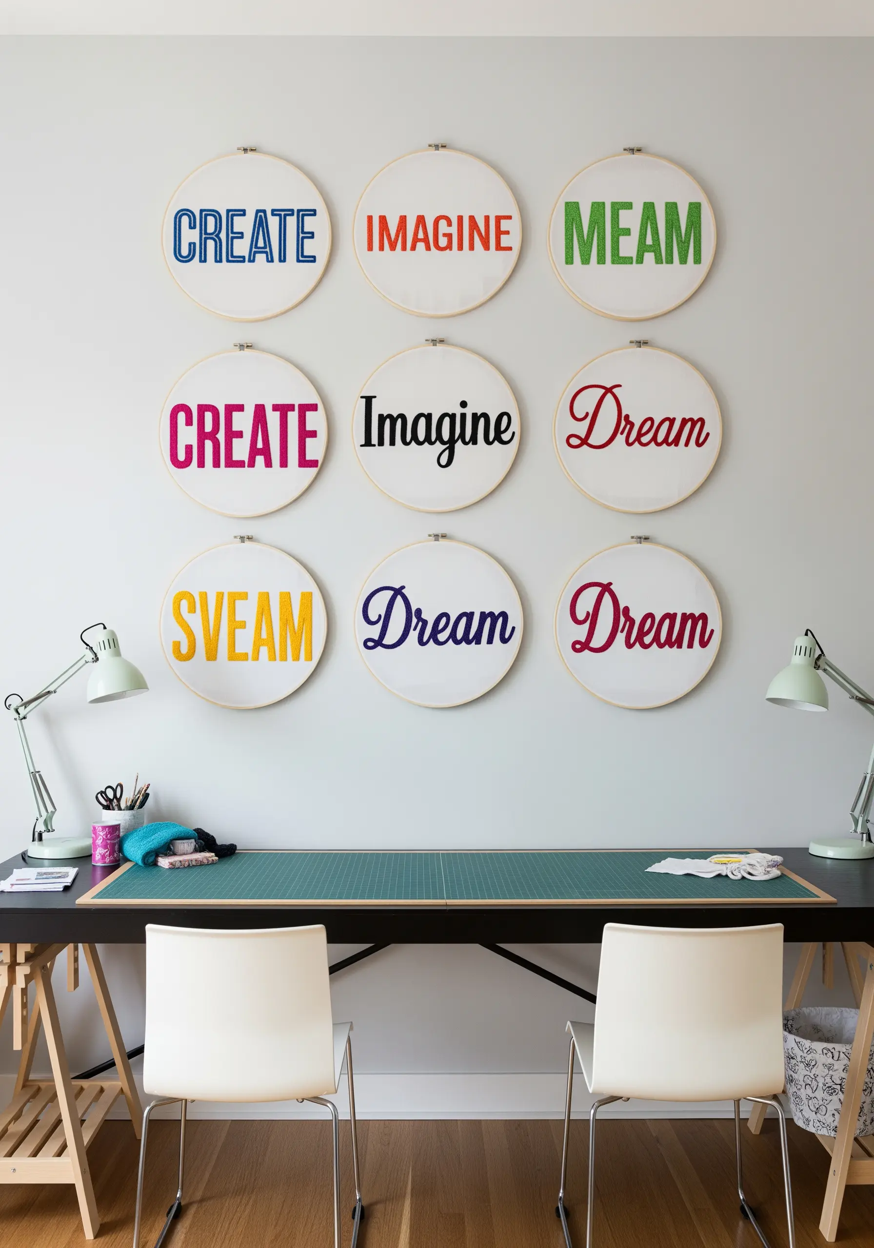 A nine-hoop grid with motivational words stitched in various colors and fonts.