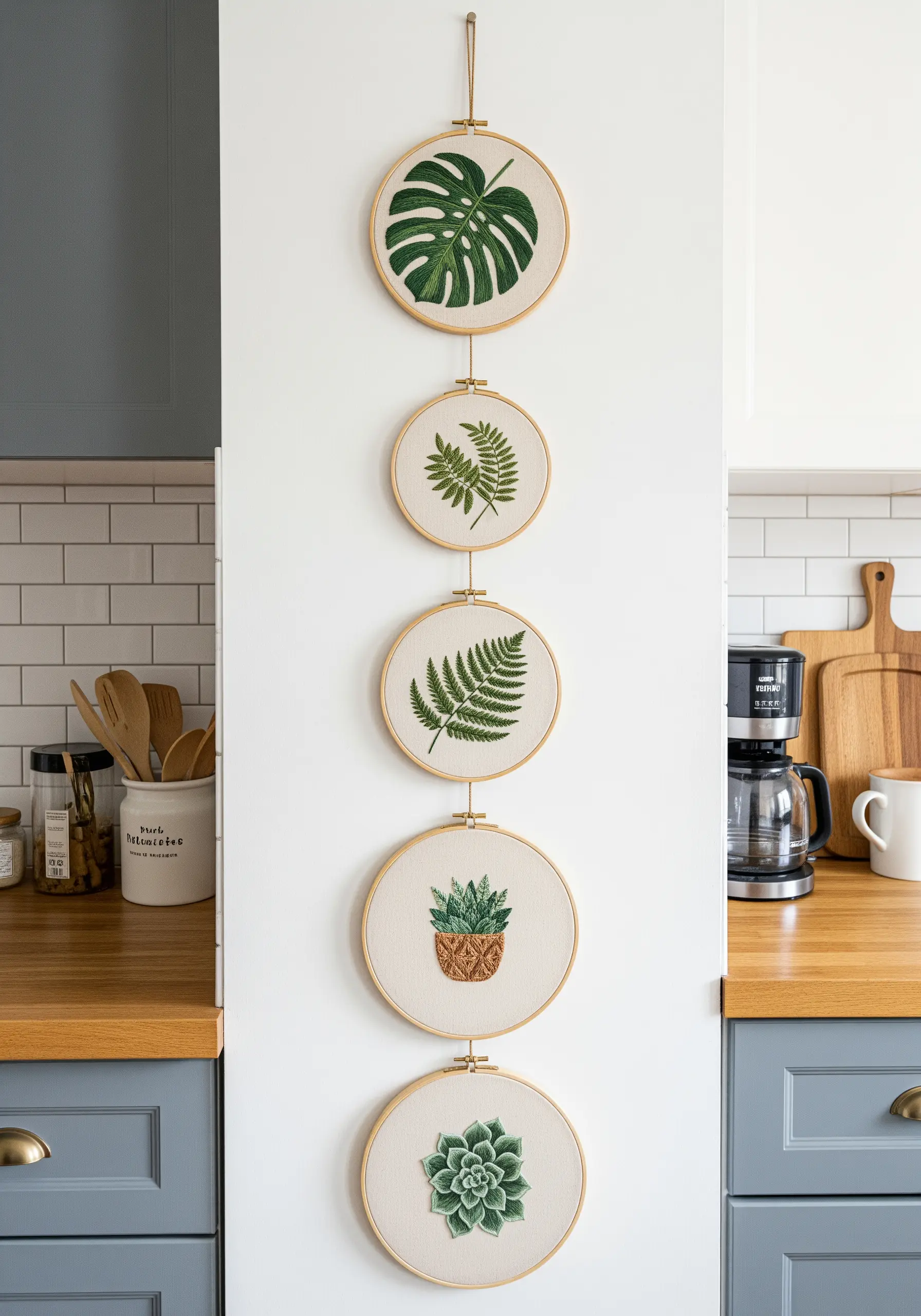 A vertical column of five embroidery hoops with different green botanical designs.