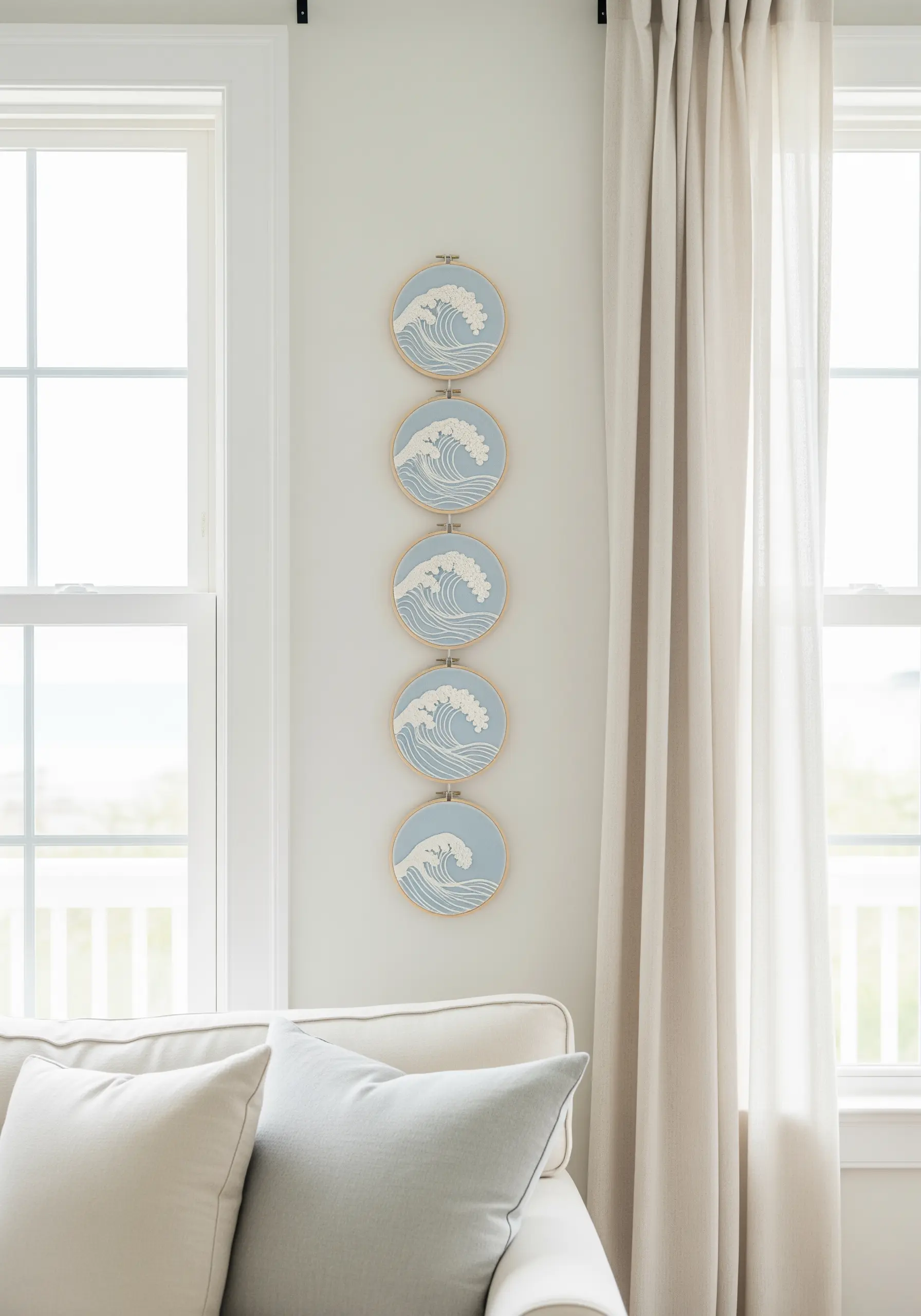 A vertical stack of five embroidery hoops, each featuring an identical blue and white wave design.
