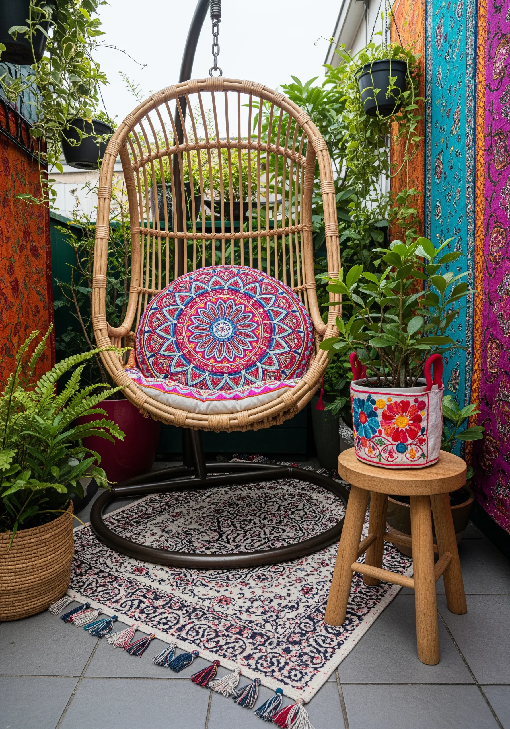 A brightly colored, intricately embroidered mandala cushion on a wicker hanging chair.