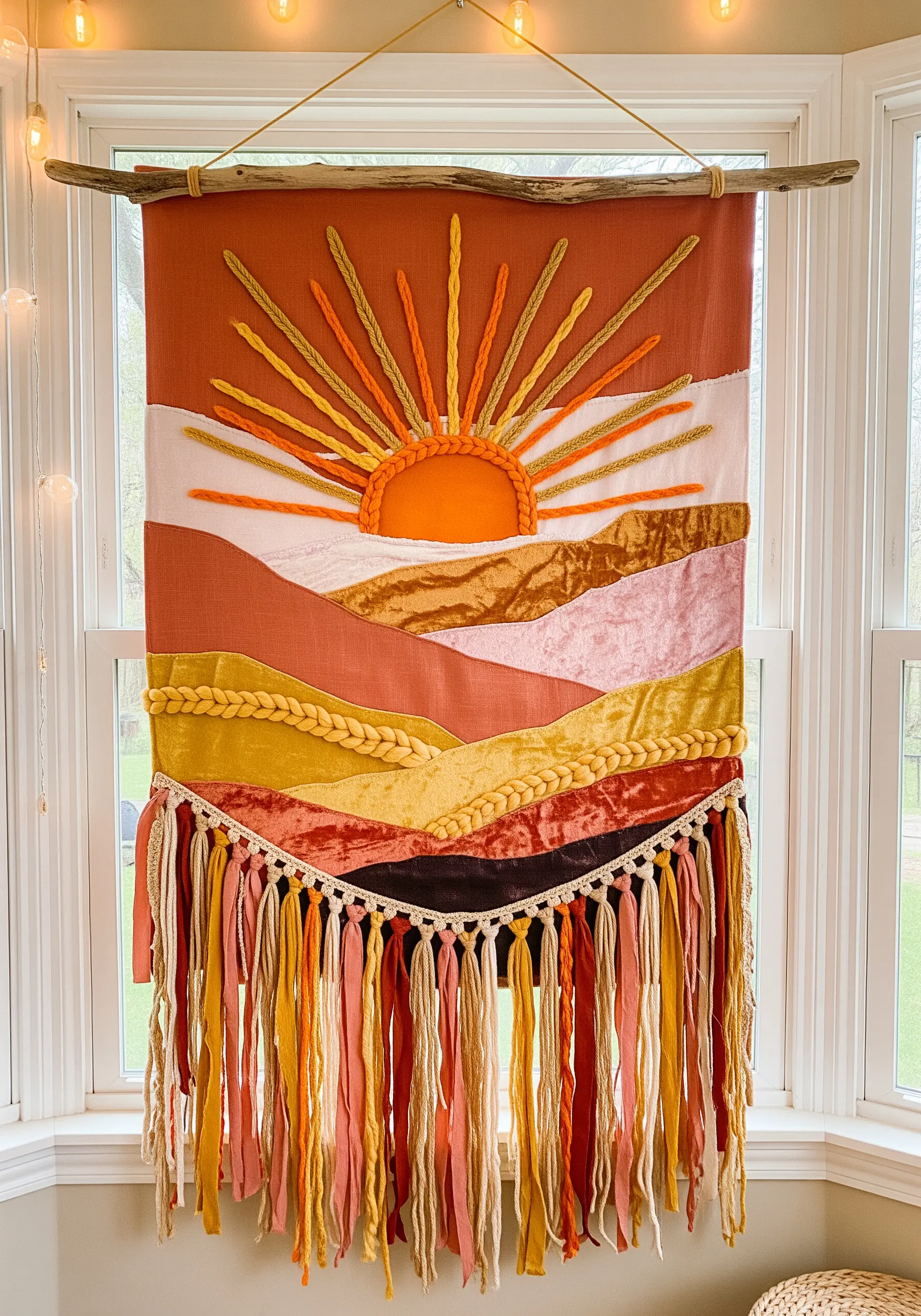 Boho-style sunrise wall hanging made from velvet and yarn with a long, colorful fringe