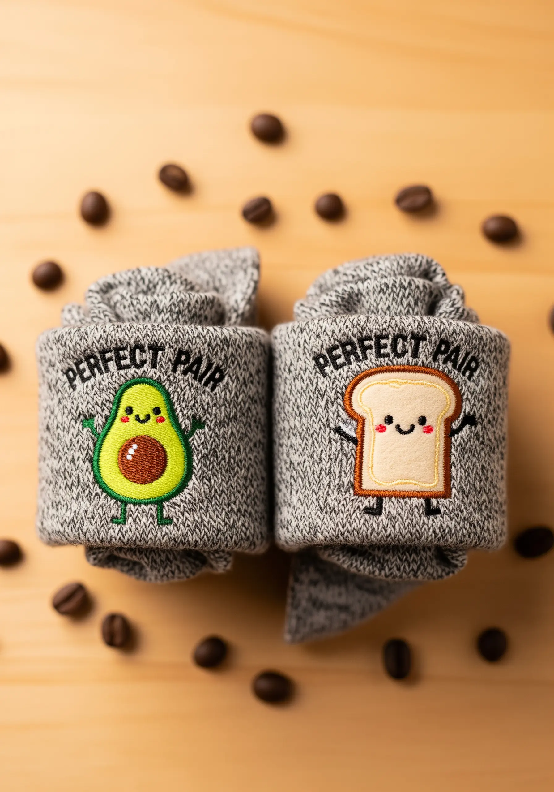 A pair of gray socks, one embroidered with a happy avocado and the other with happy toast.