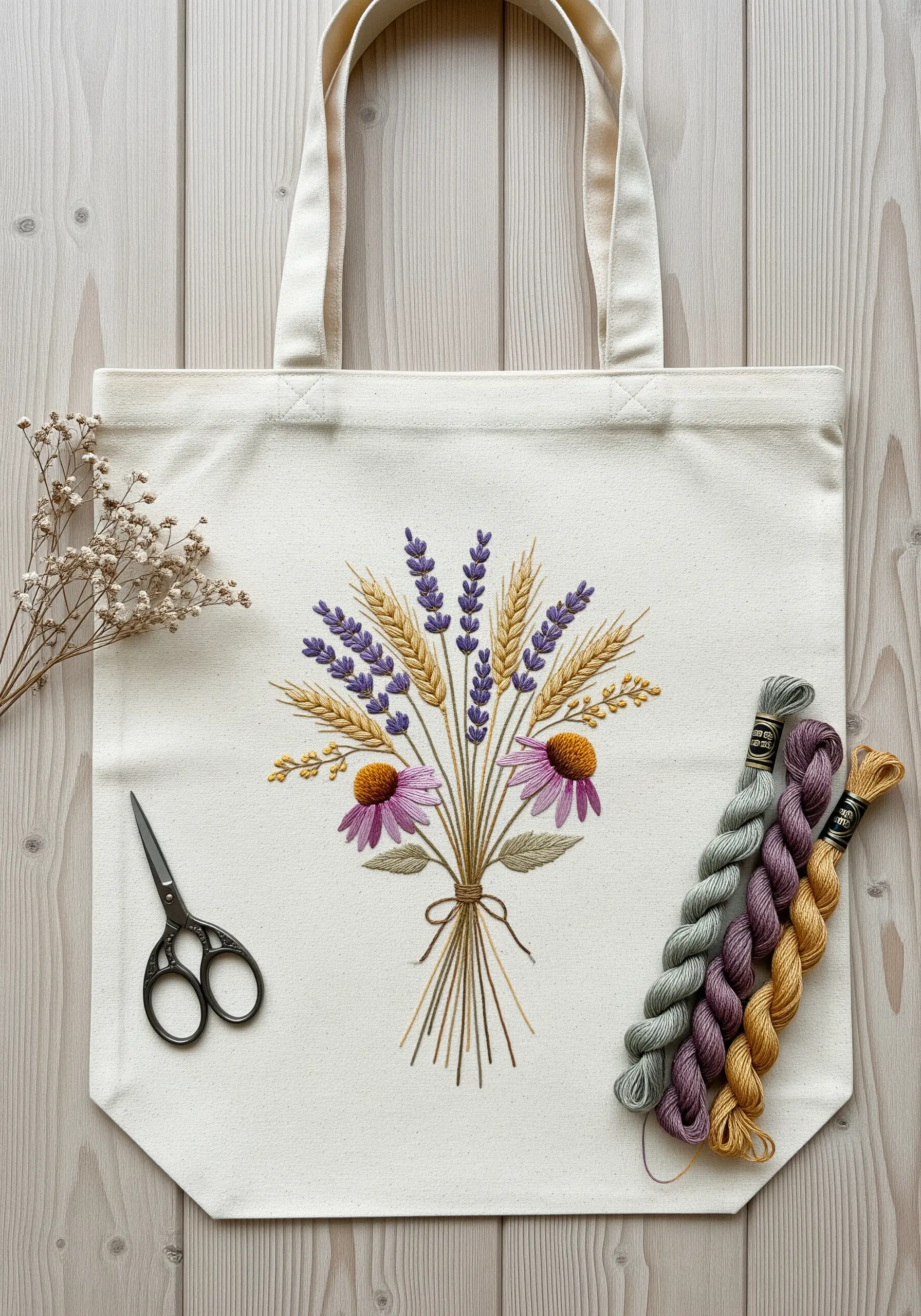 Canvas tote bag embroidered with a bouquet of lavender, wheat, and wildflowers.