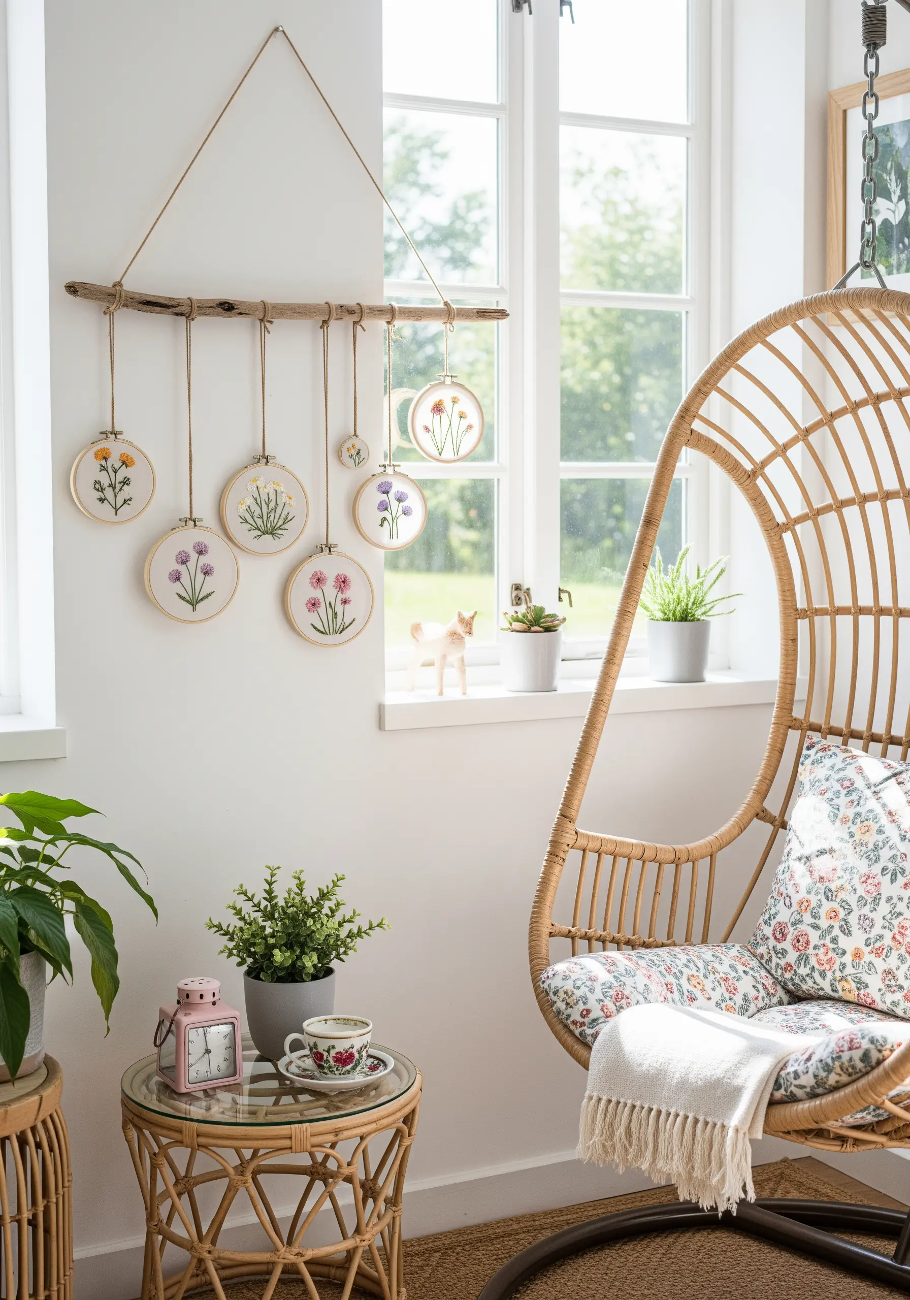 A collection of small floral embroidery hoops hanging from a driftwood branch.