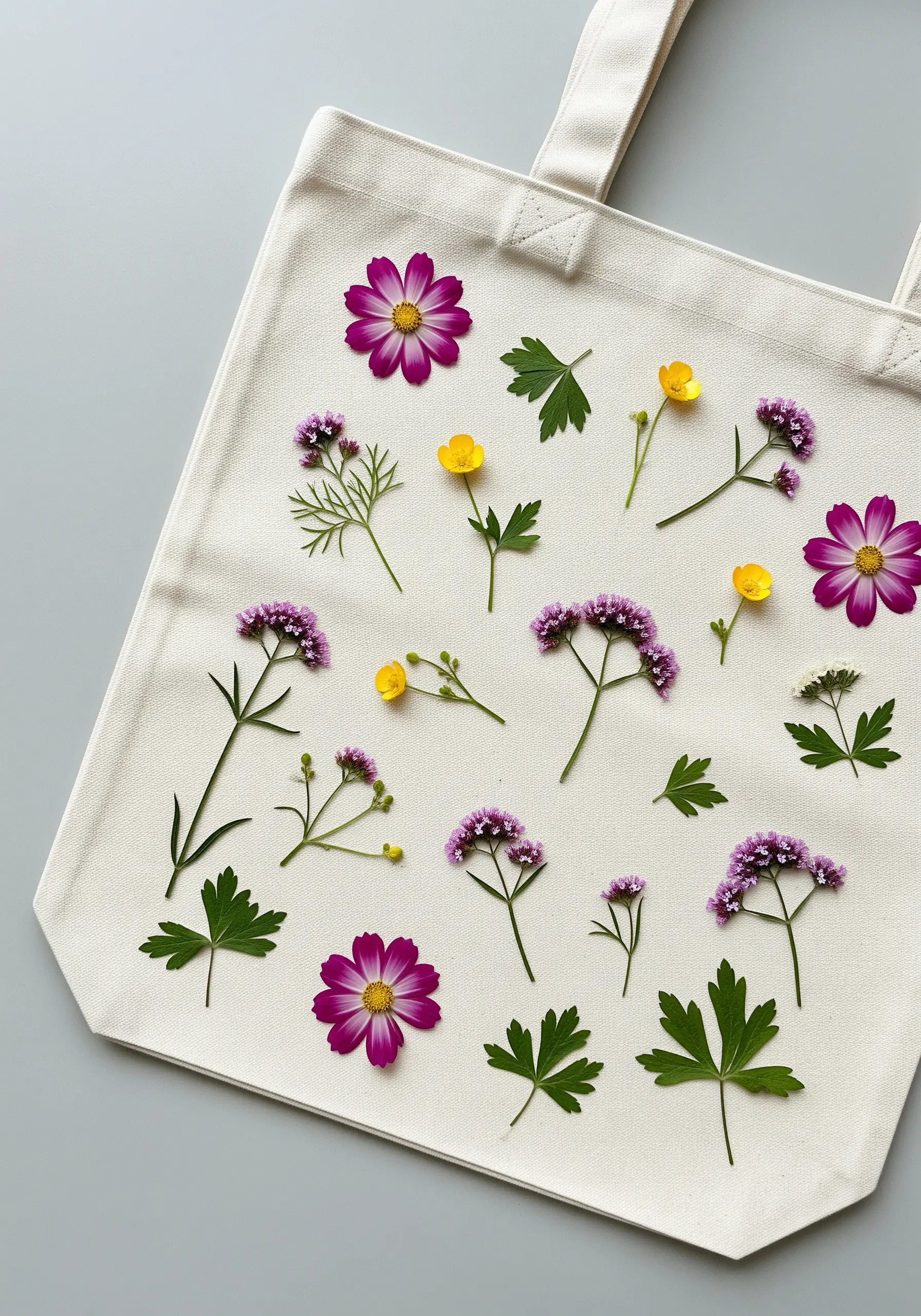 A variety of pressed cosmos, buttercups, and verbena arranged on a canvas tote bag.