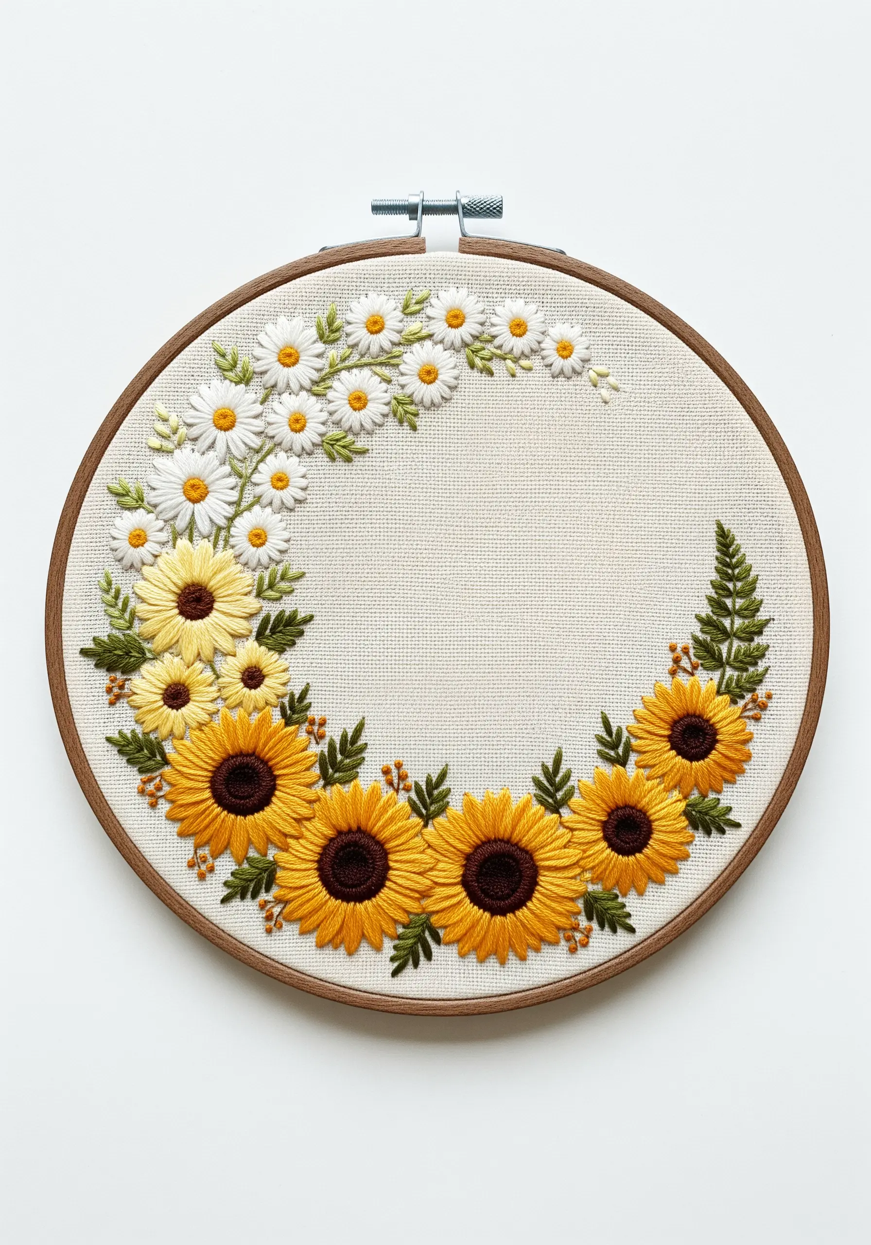 A floral wreath transitioning from white daisies to yellow and gold sunflowers.