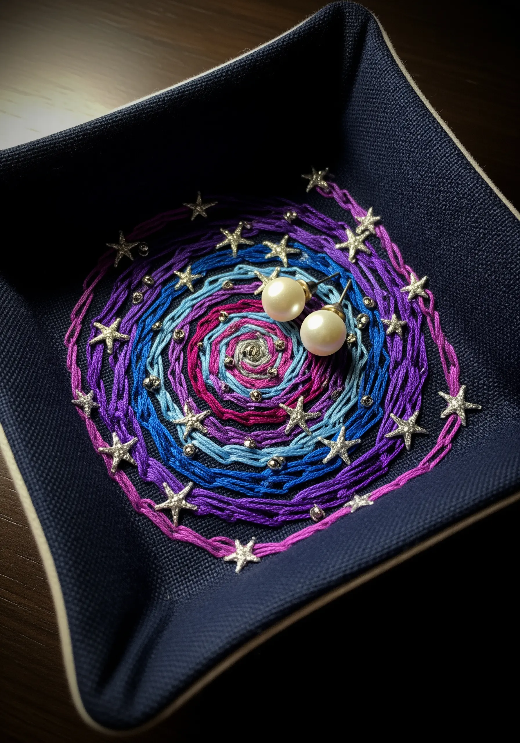 A fabric jewelry tray with an embroidered cosmic spiral in purples and blues, accented with stars.