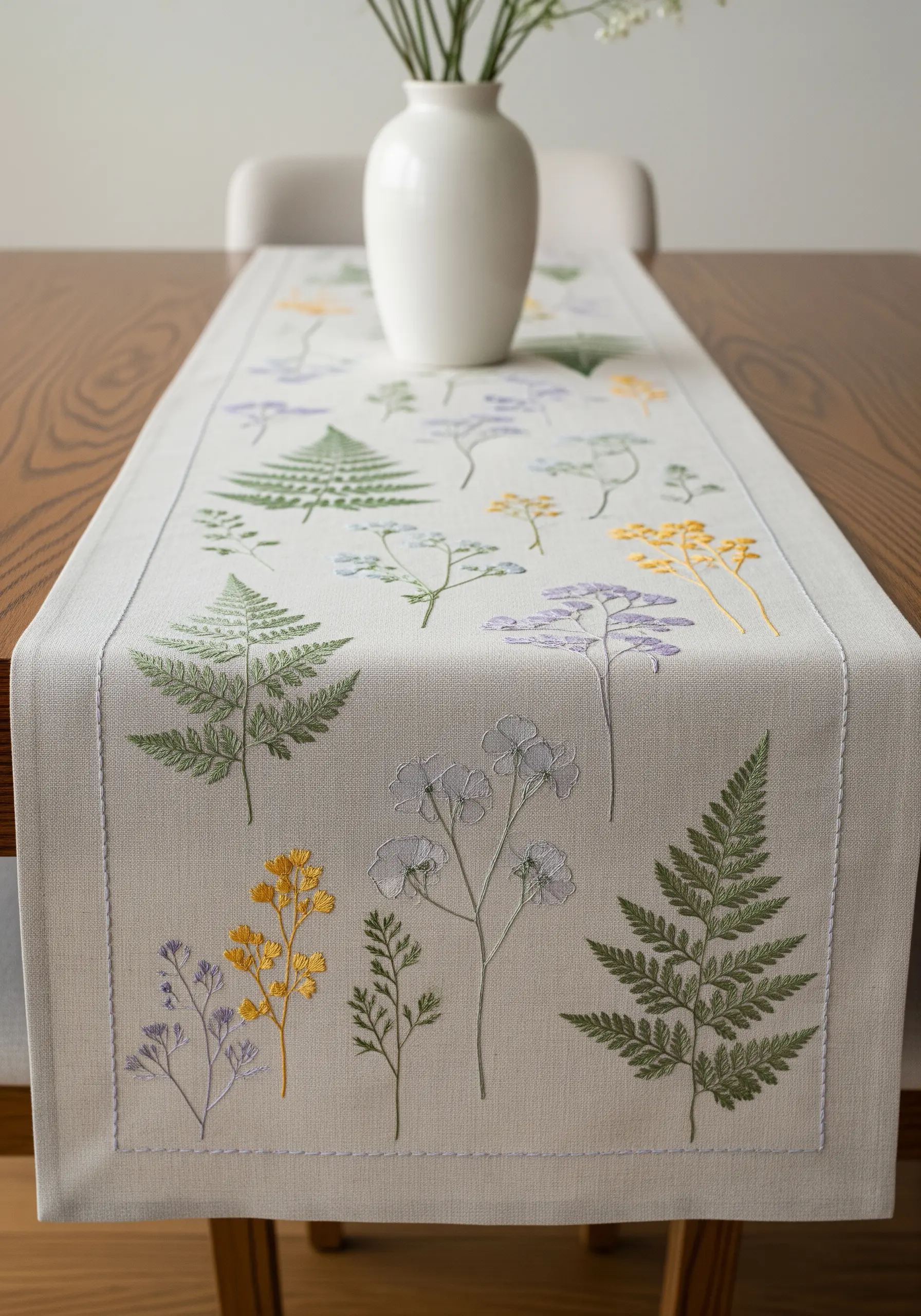Linen table runner with scattered, delicate embroidery of ferns and wildflowers.