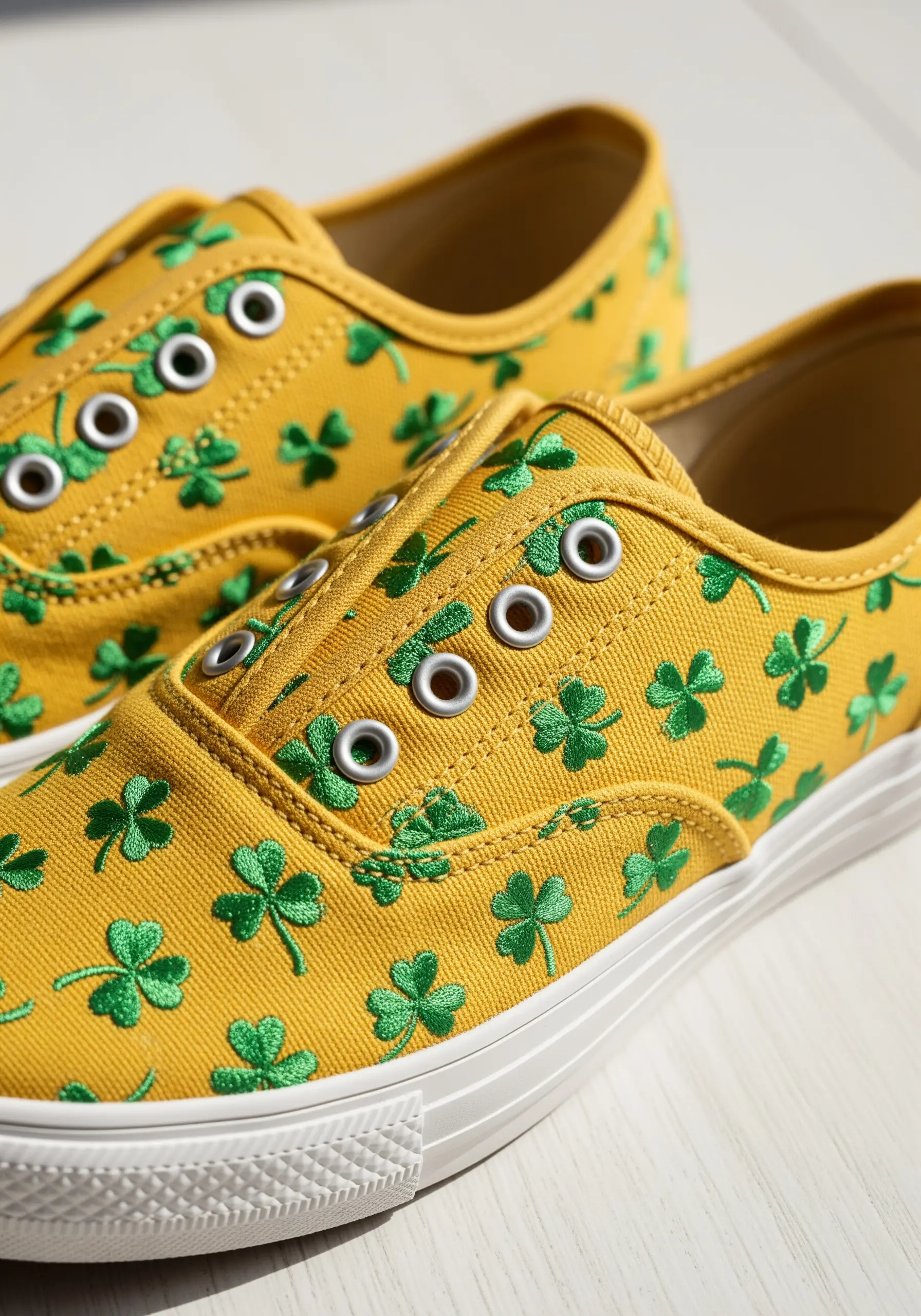 A repeating pattern of small green clovers embroidered all over a yellow canvas shoe.
