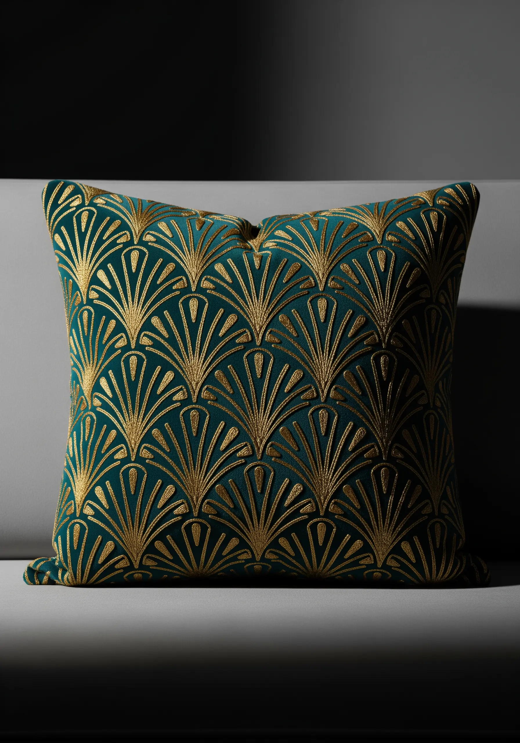 A plush teal velvet cushion embroidered with a repeating Art Deco fan pattern in gold thread.