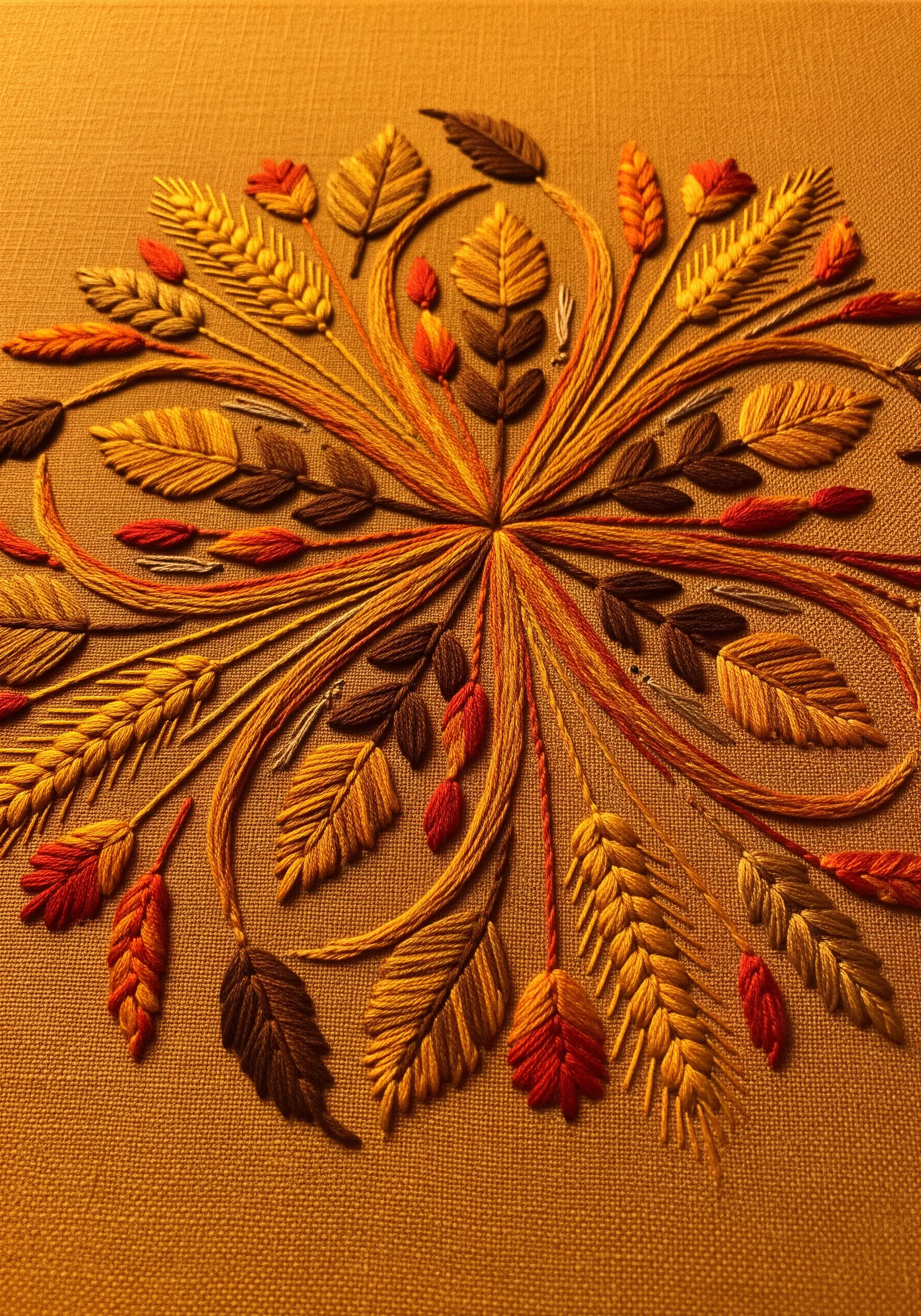 An asymmetrical mandala of autumn leaves and wheat in warm earth tones.