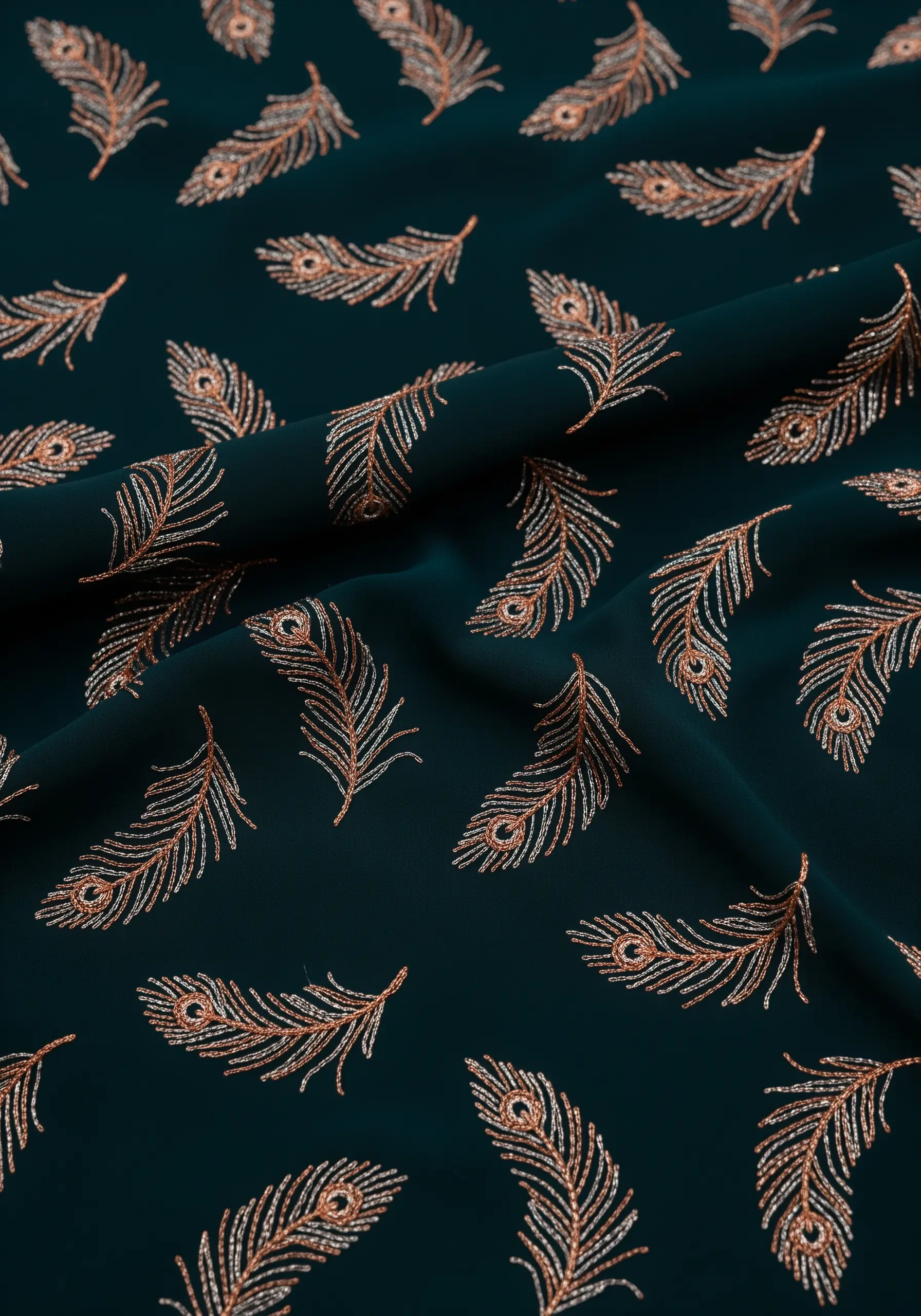 A repeating pattern of embroidered gold and silver peacock feathers on dark green fabric.