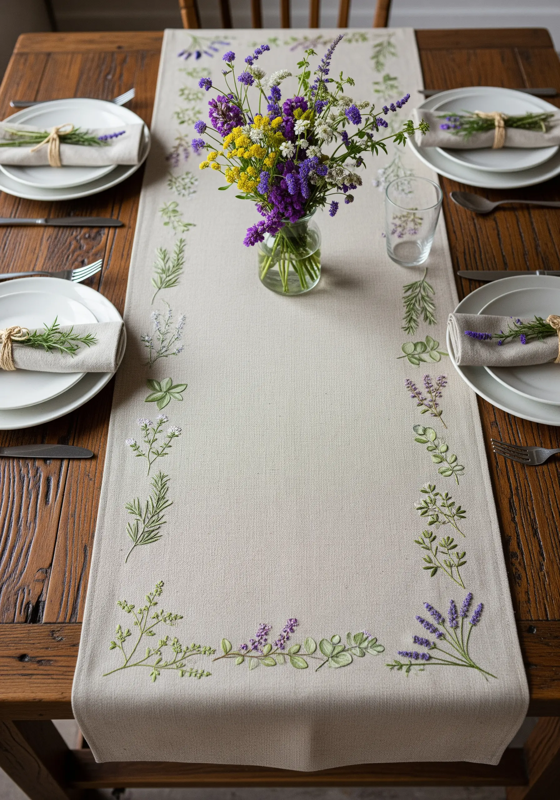 A linen table runner with a delicate embroidered border of lavender and other herbs.