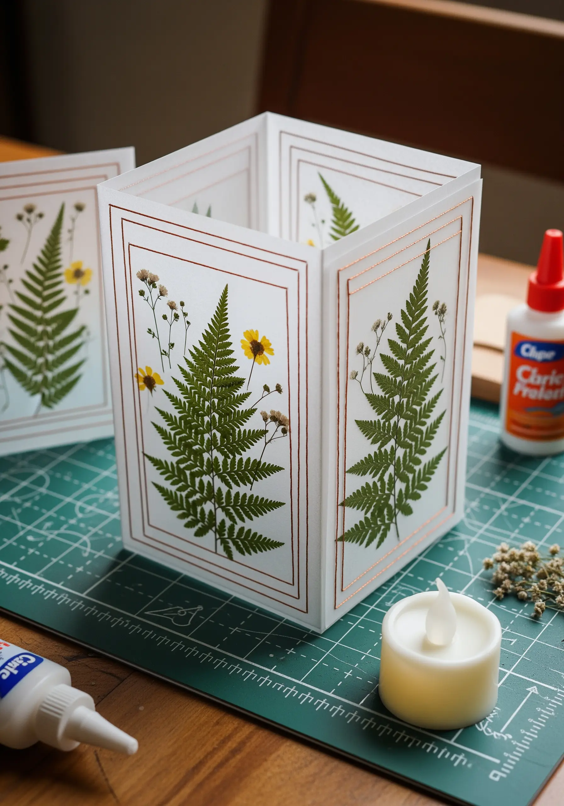 A DIY paper lantern decorated with pressed ferns and metallic copper thread borders.