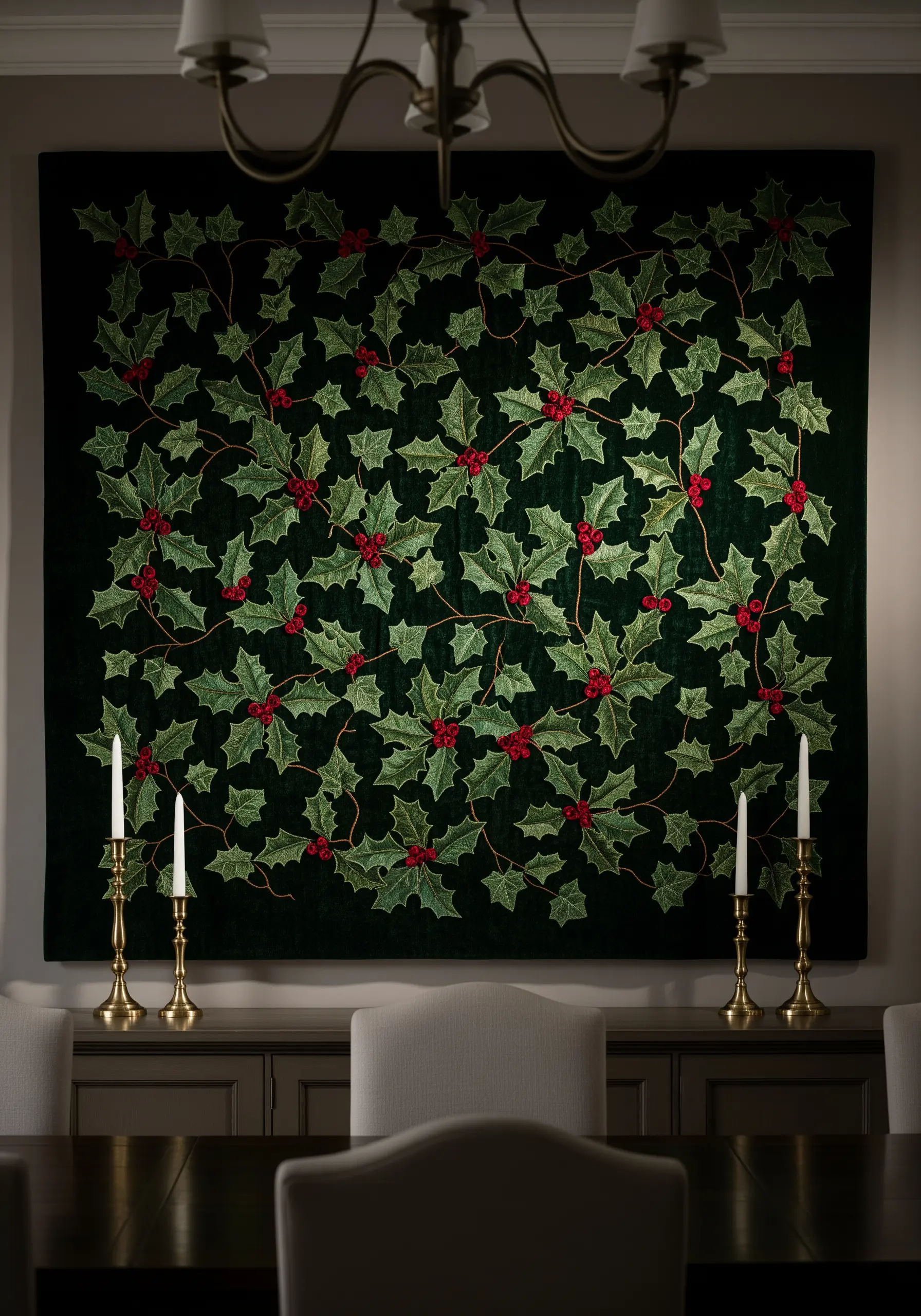 A large, dark green velvet tapestry covered in an embroidered pattern of holly leaves and red berries.