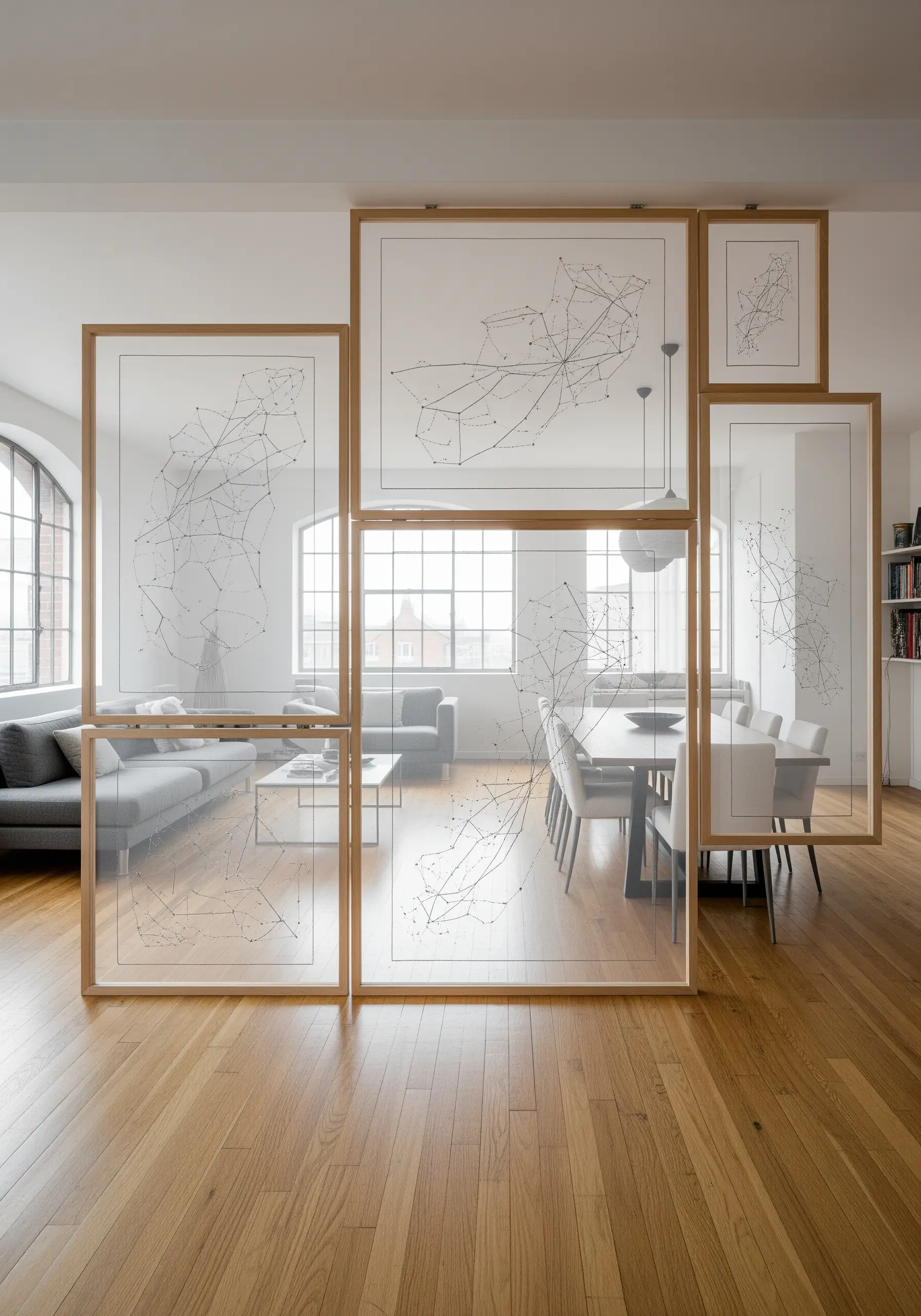 Large transparent panels with minimalist black line embroidery acting as a room divider