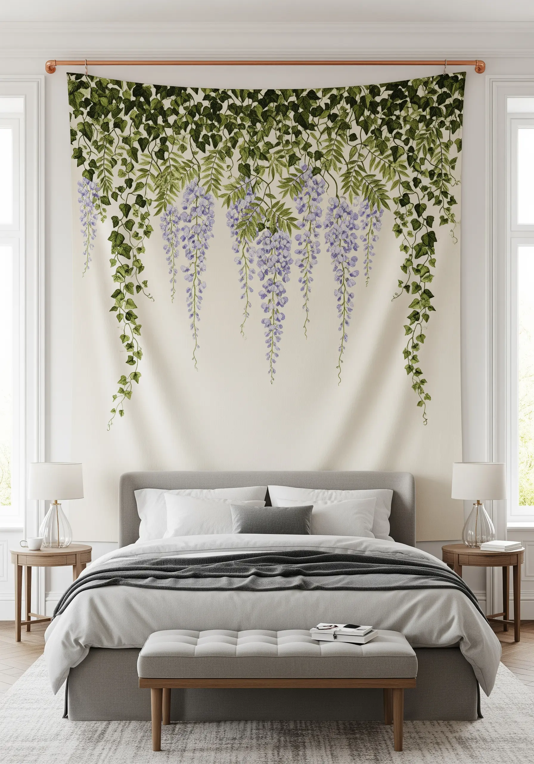 A large wall tapestry of cascading wisteria vines hanging above a bed headboard.
