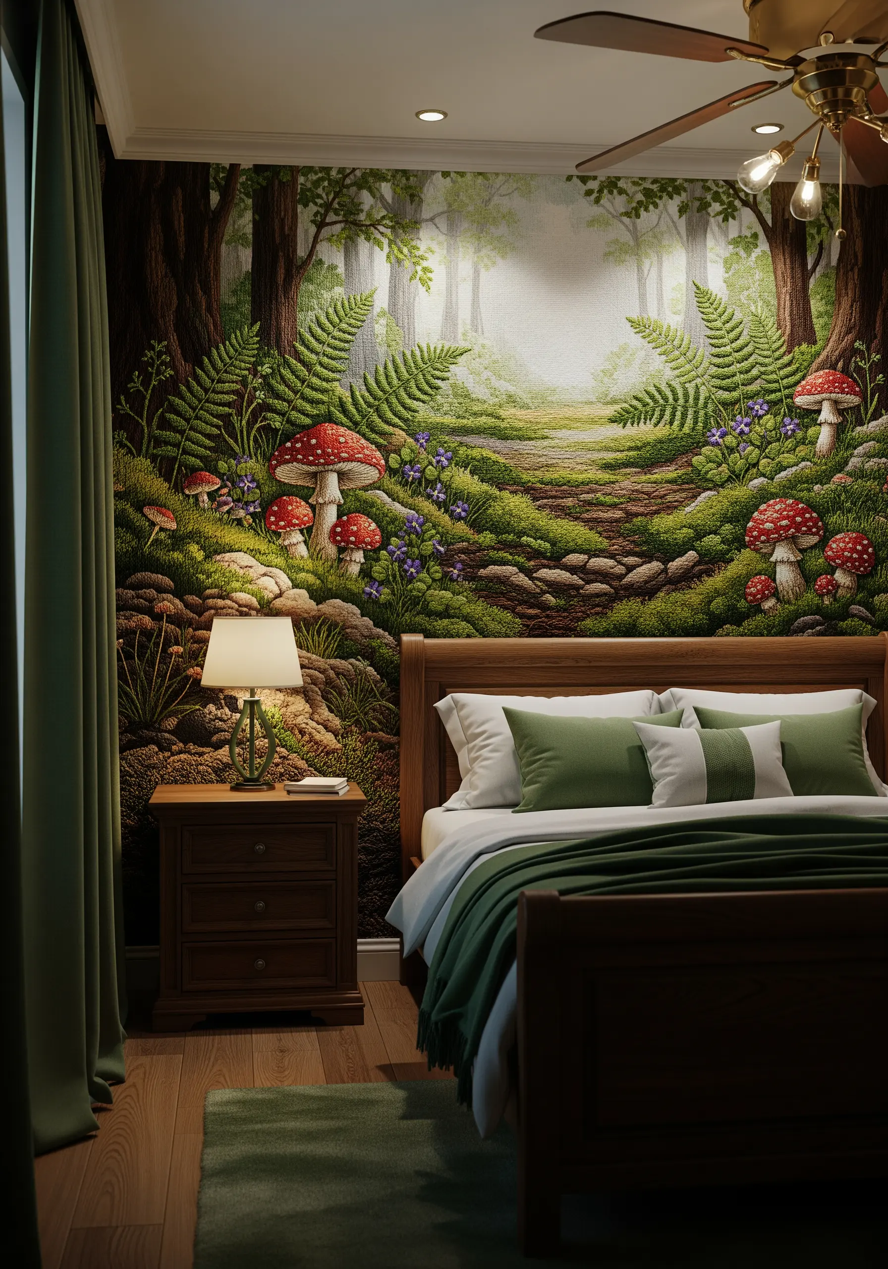 A full wall behind a bed is covered in an embroidered mural of a lush forest path.