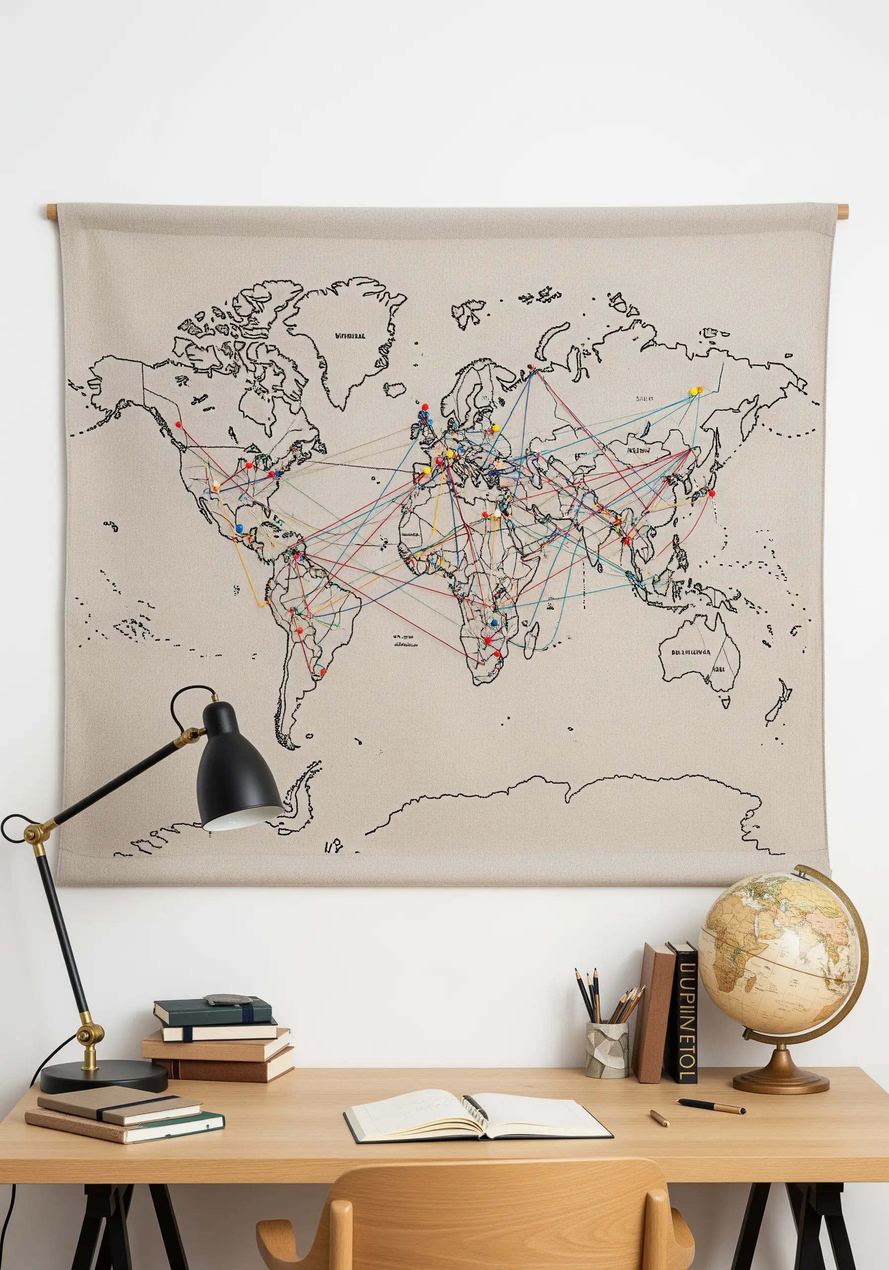 A large linen wall map embroidered with continent outlines, with colorful threads marking travels.