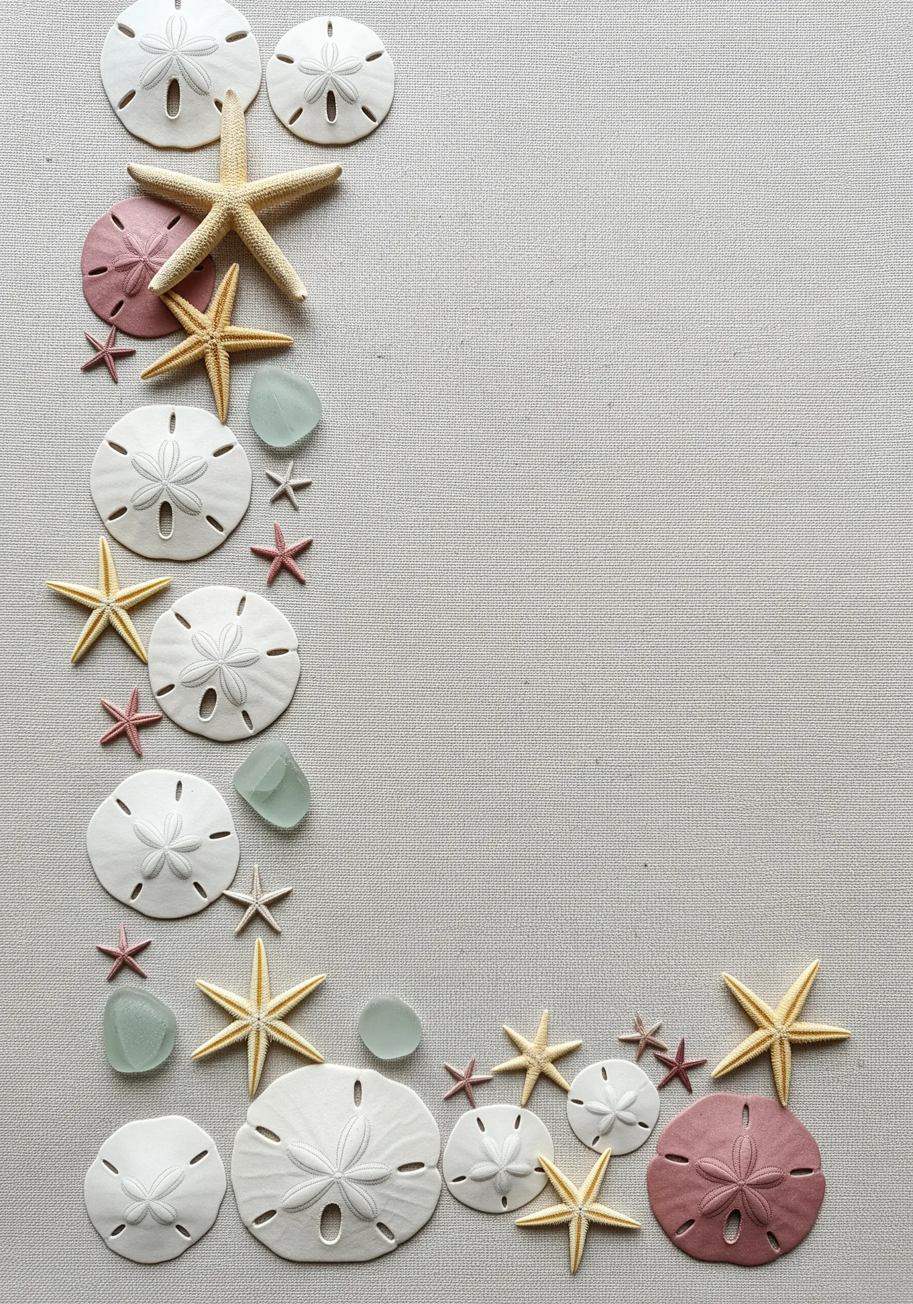 A conceptual layout of shells and starfish suggesting an embroidered border on linen fabric.