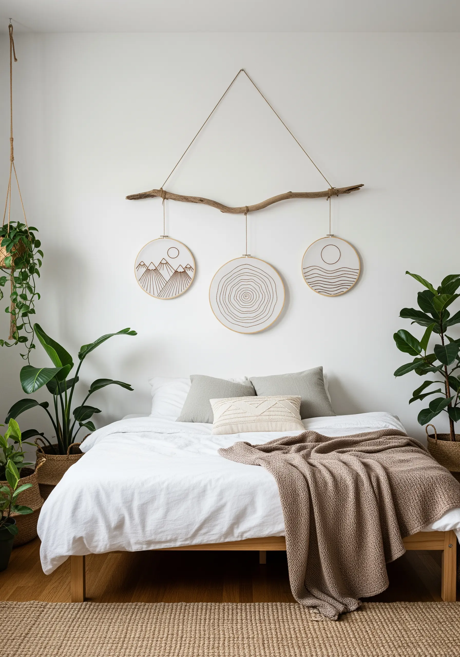Three minimalist line art embroidery hoops hanging from a natural wooden branch above a bed.