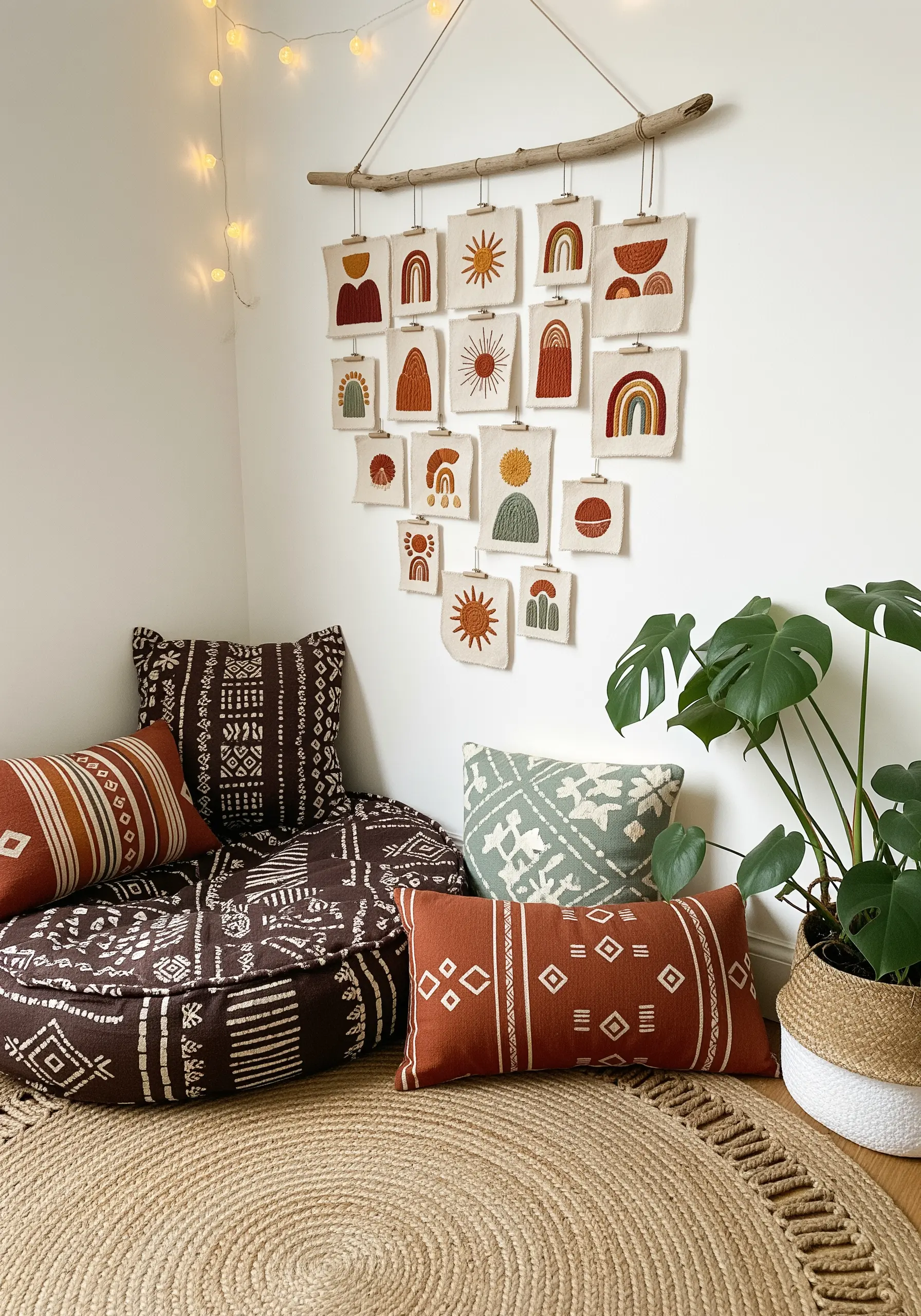 A collection of small embroidered canvas pieces with abstract shapes, hanging from a branch.