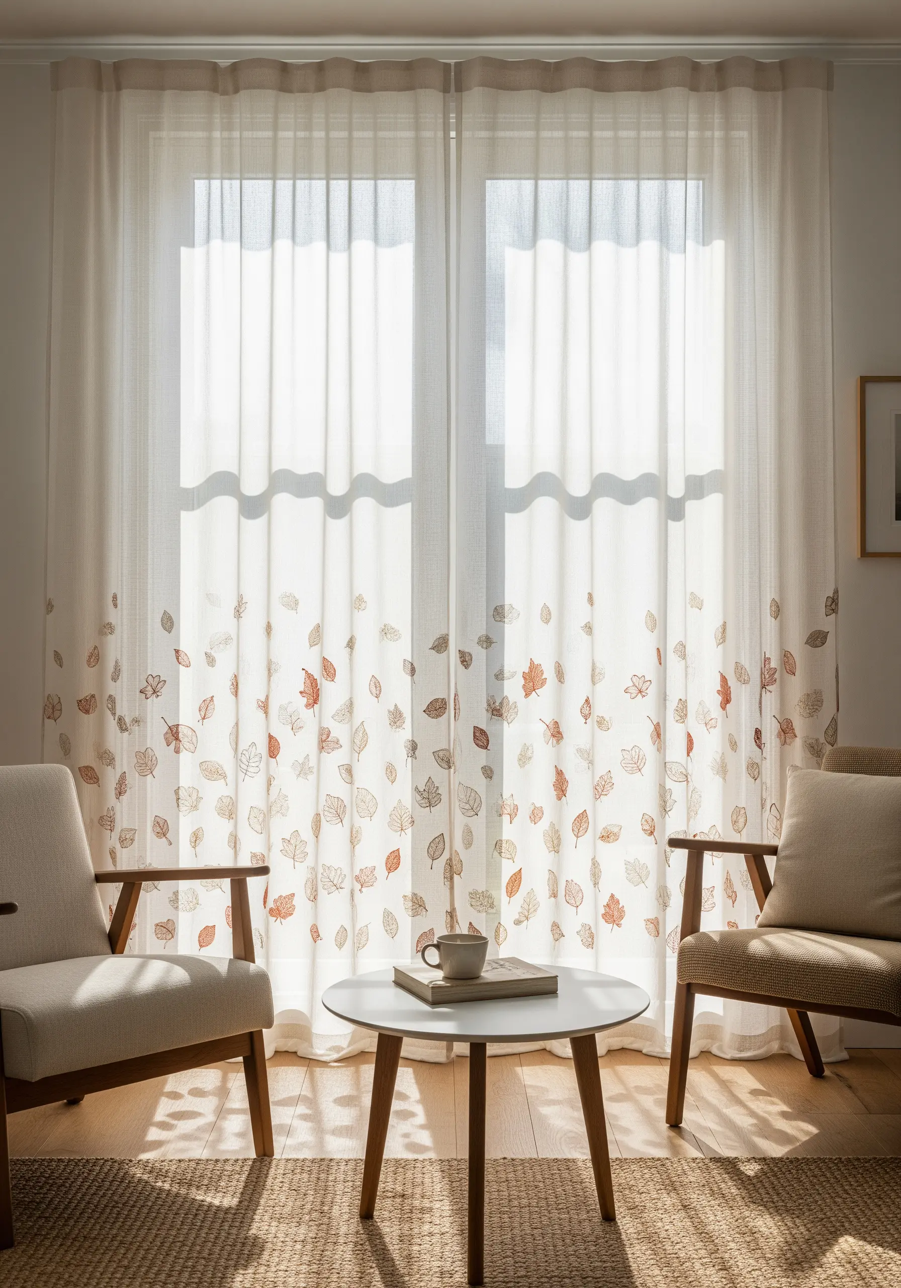 Sheer white curtains with a pattern of scattered, earth-toned autumn leaves at the bottom.