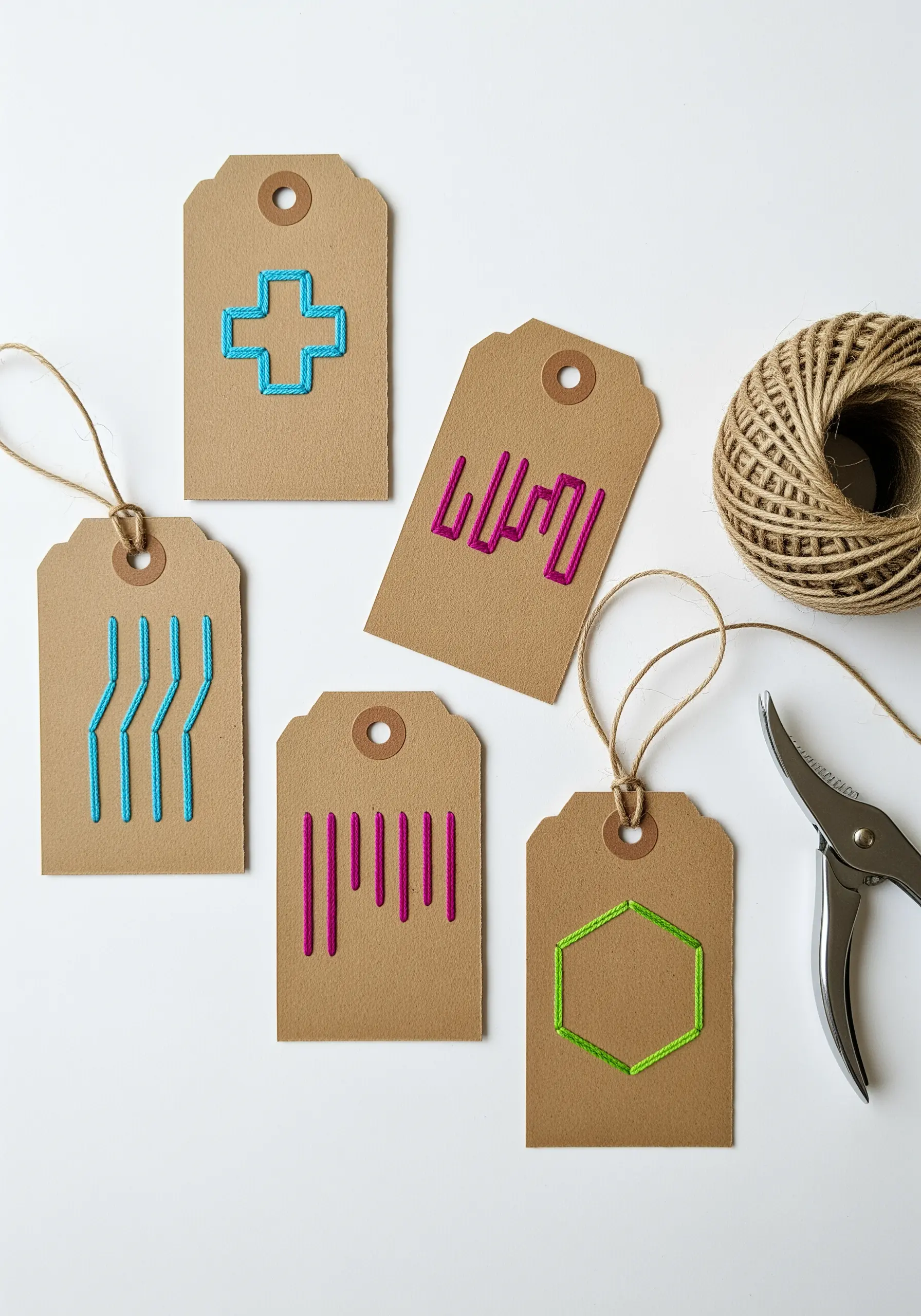 Modern geometric icons stitched in bright pink and blue thread on brown kraft paper gift tags.