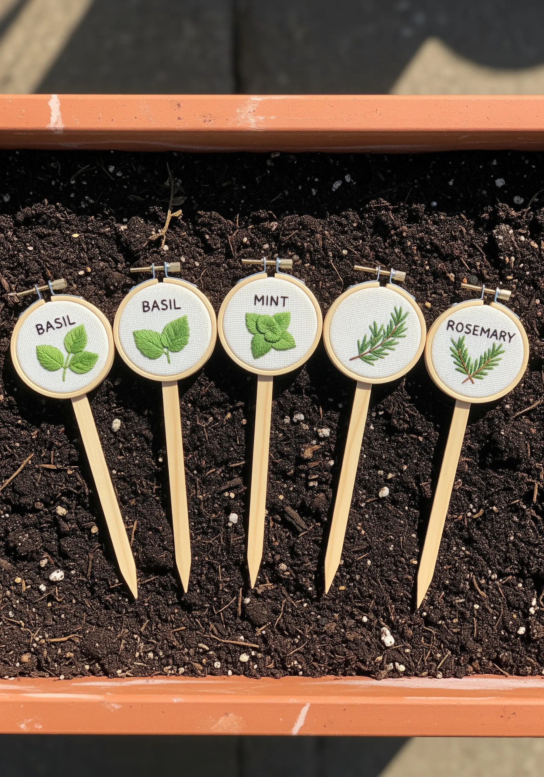 A set of five tiny embroidery hoop herb markers for basil, mint, and rosemary in a planter.