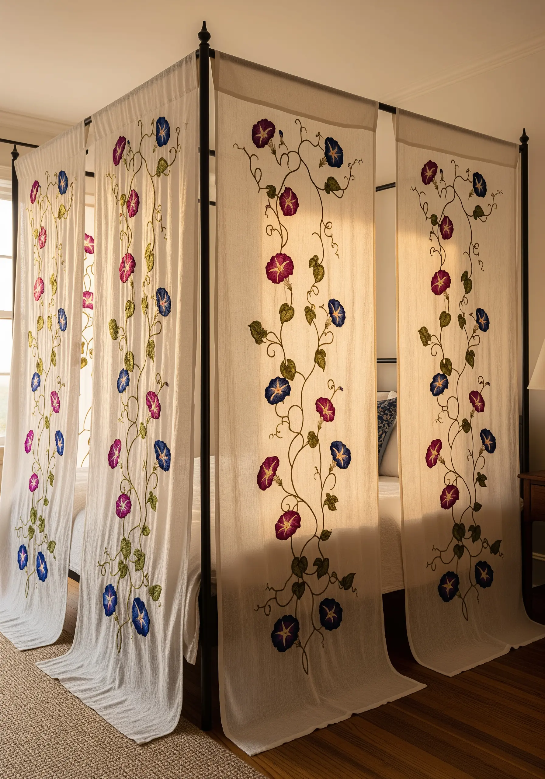 Morning glory vines embroidered on the sheer panels of a canopy bed.