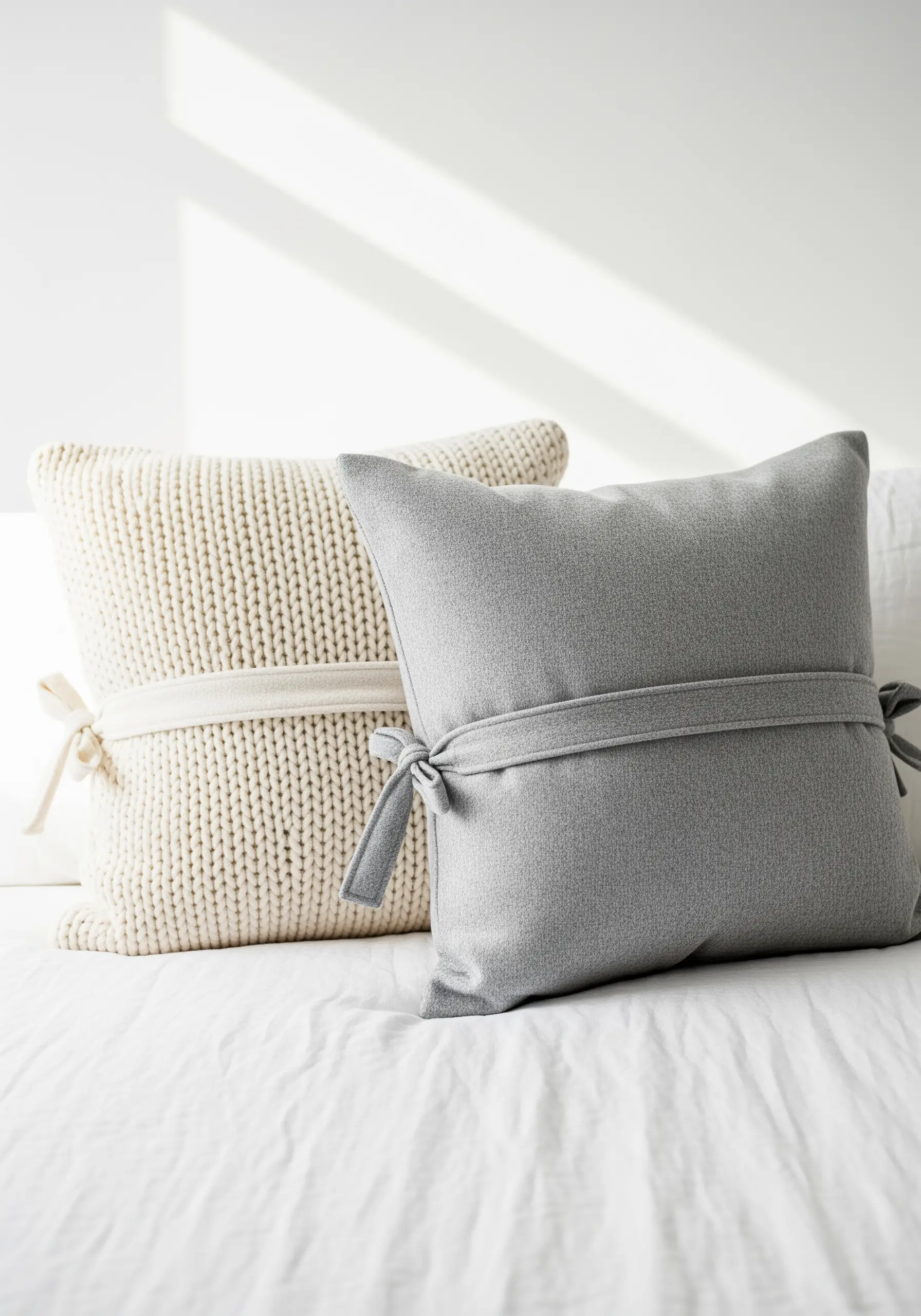 Two pillows, one knit and one gray felt, with wrap-around tie closures.
