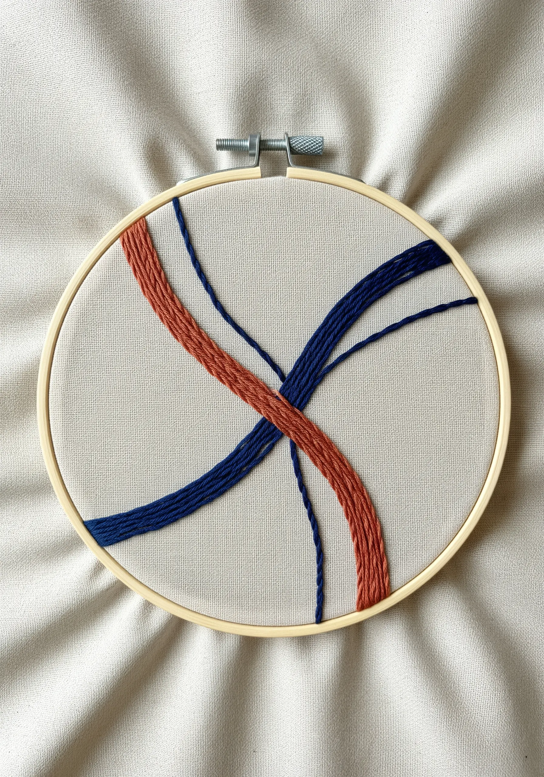 Abstract design with overlapping thick red and thin blue stitched lines.